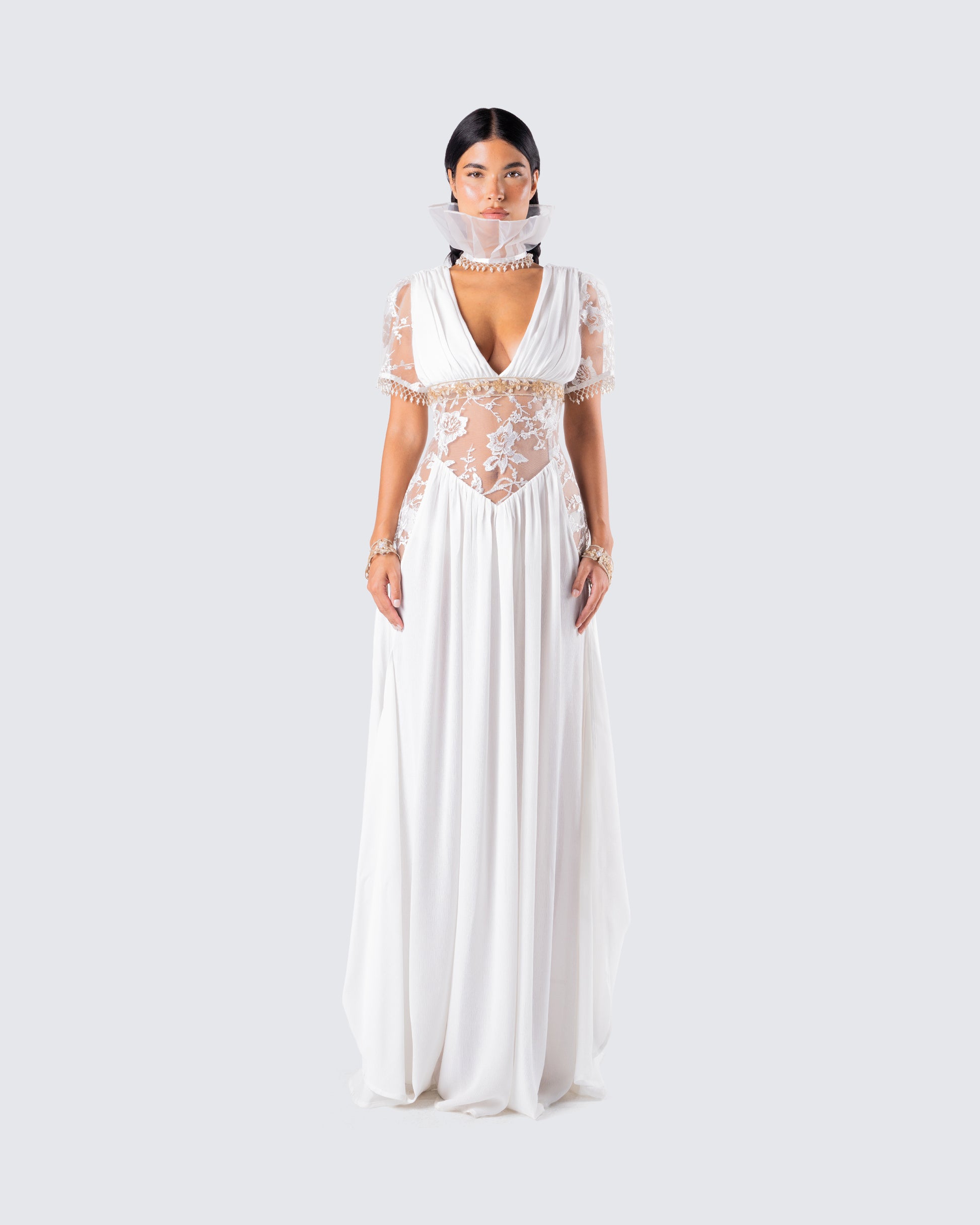 White Maxi Dress - Goddess Draped Gown with Gold Details FINESSE White Maxi Dress - Goddess Draped Gown with Gold Details FINESSE