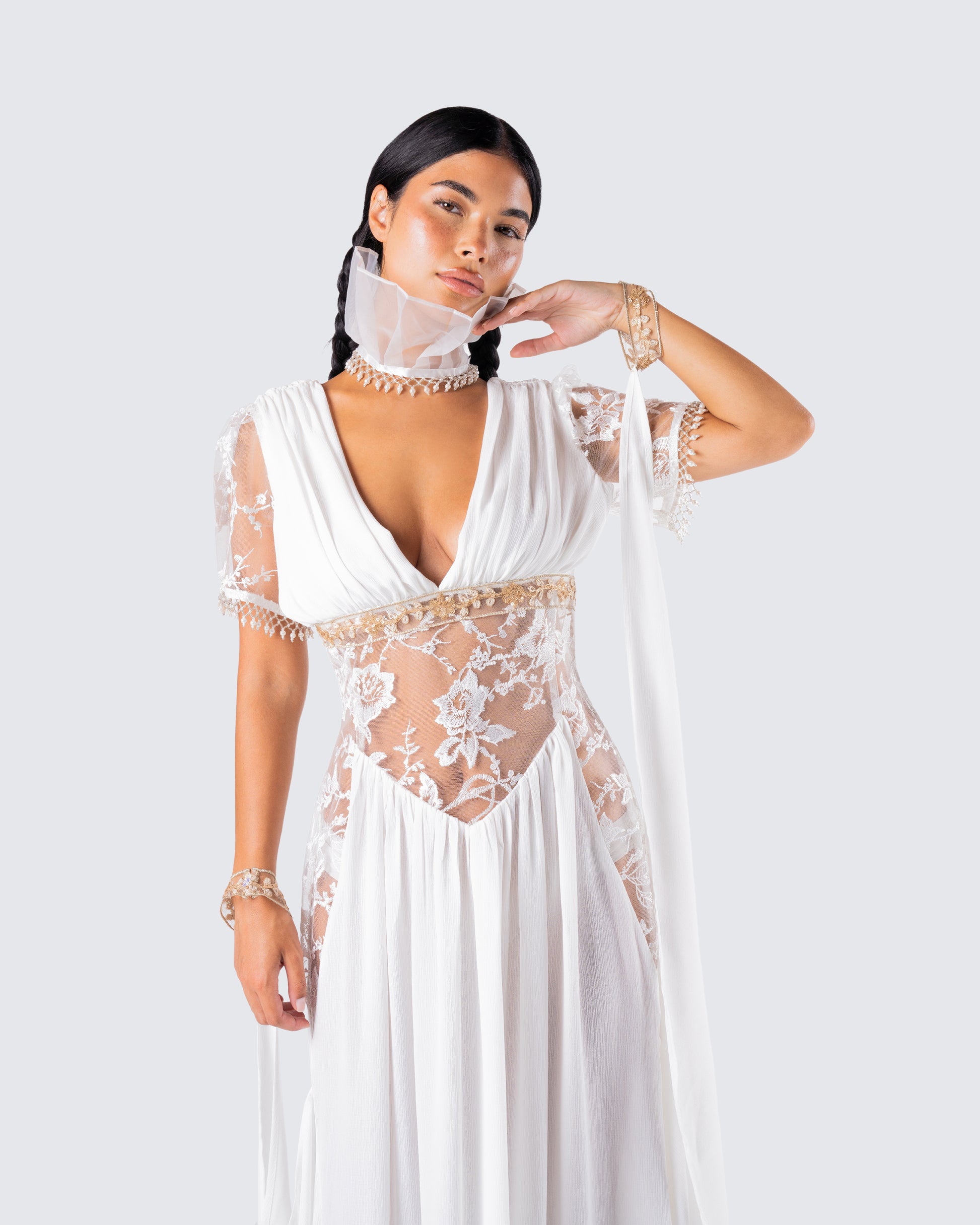 White Maxi Dress - Goddess Draped Gown with Gold Details FINESSE White Maxi Dress - Goddess Draped Gown with Gold Details FINESSE