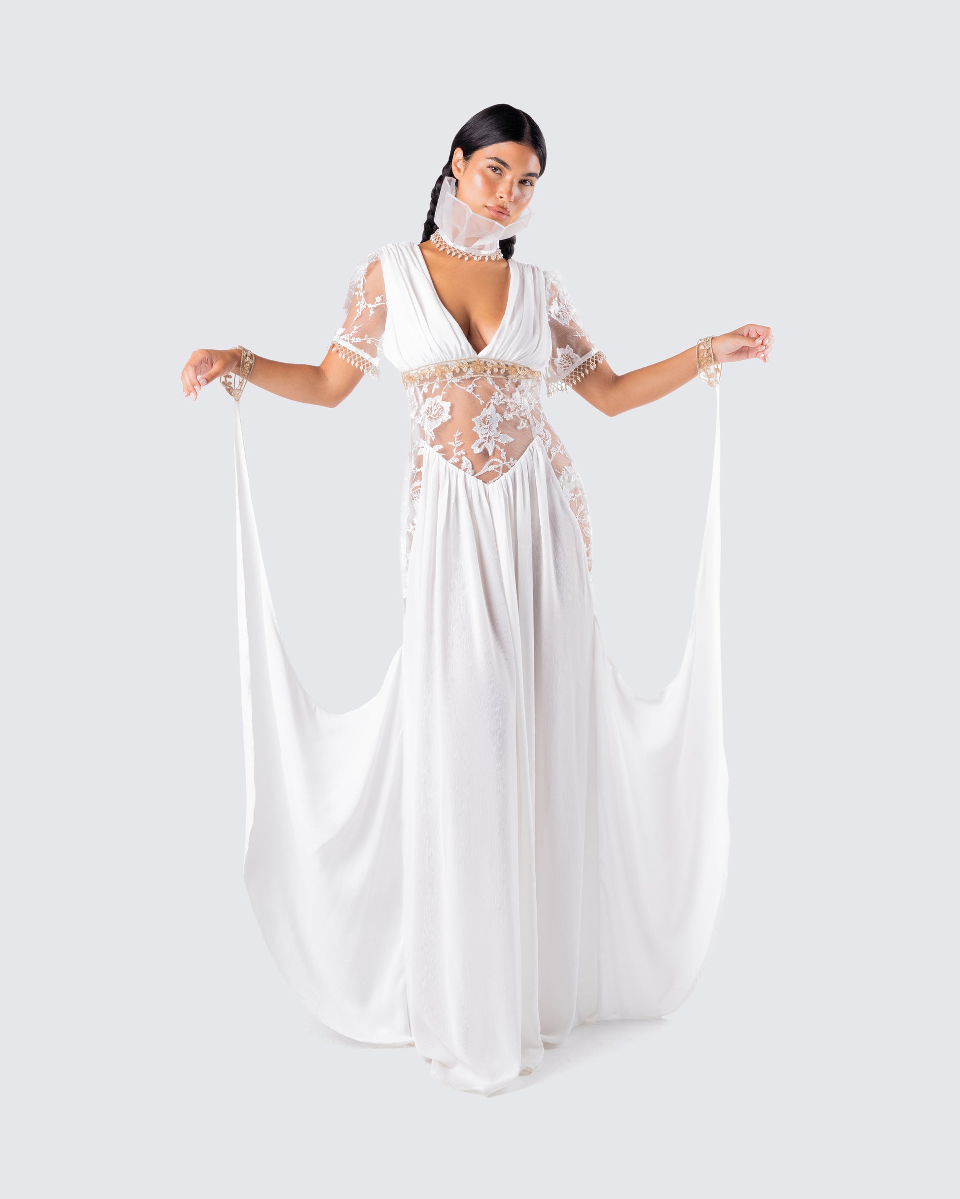 White Maxi Dress - Goddess Draped Gown with Gold Details FINESSE White Maxi Dress - Goddess Draped Gown with Gold Details FINESSE