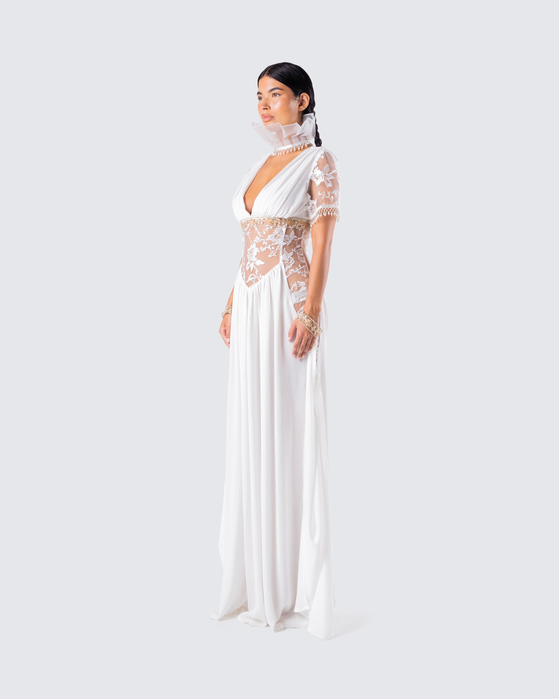 White Maxi Dress - Goddess Draped Gown with Gold Details FINESSE White Maxi Dress - Goddess Draped Gown with Gold Details FINESSE