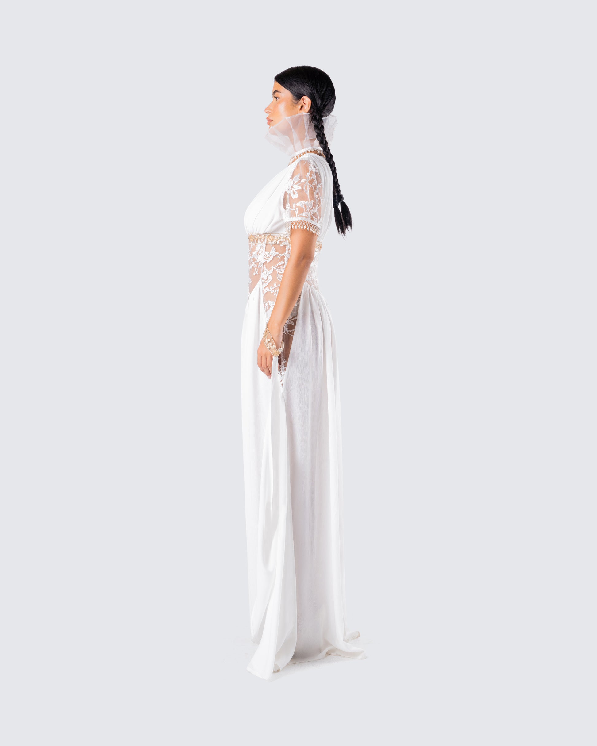 White Maxi Dress - Goddess Draped Gown with Gold Details FINESSE White Maxi Dress - Goddess Draped Gown with Gold Details FINESSE
