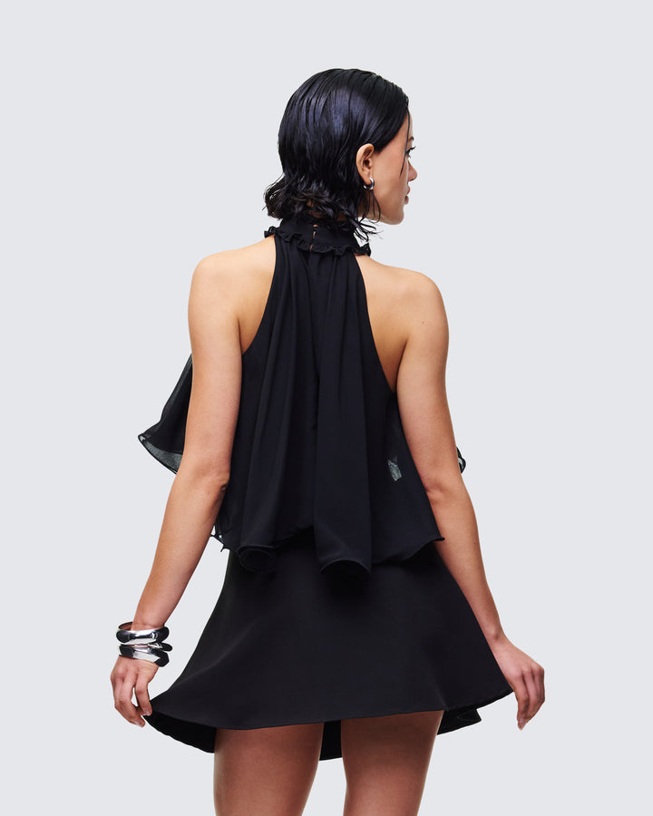 Melva Black Georgette Ruffle Trim Top - back view