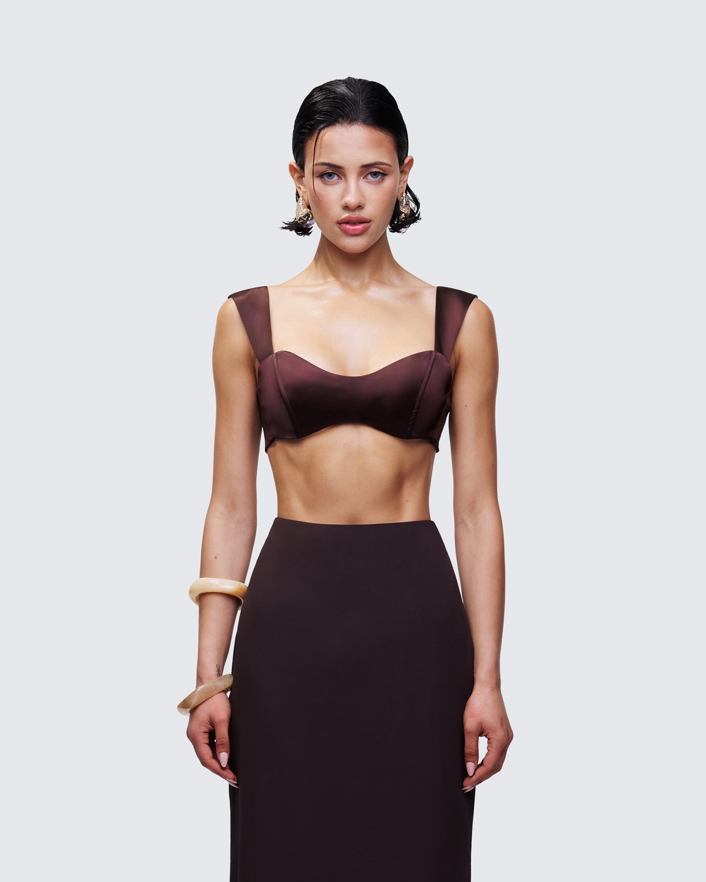 Mercedes Brown Satin Tie Crop Top model front