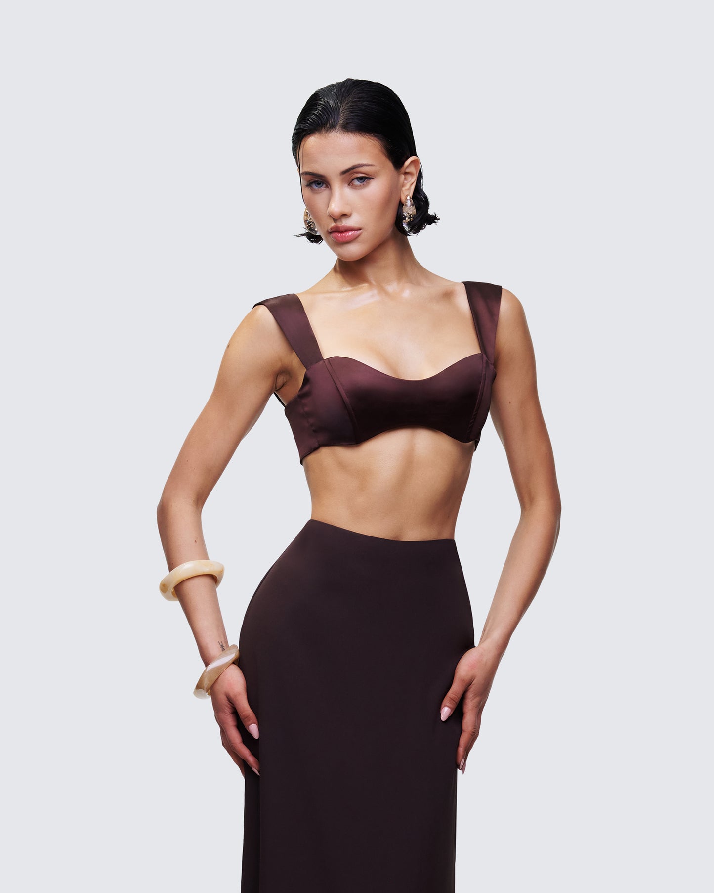 Mercedes Brown Satin Tie Crop Top