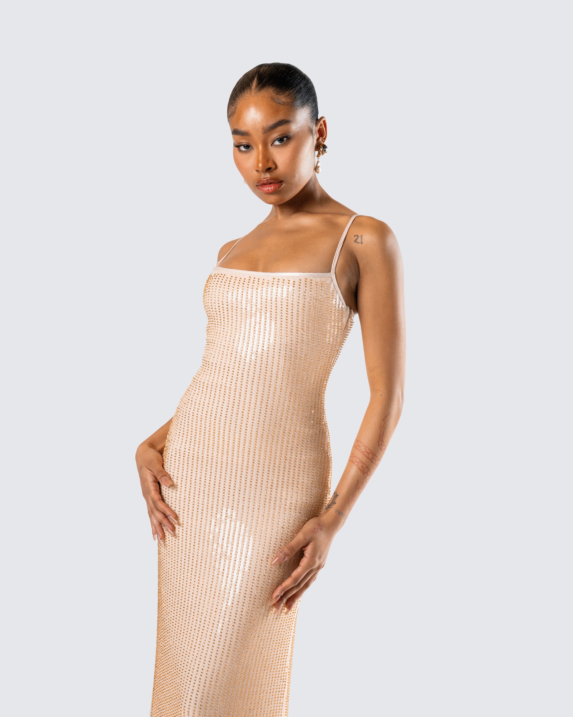 Gold Sequin Maxi Dress - Strappy Bodycon Formal Gown FINESSE Gold Sequin Maxi Dress - Strappy Bodycon Formal Gown FINESSE