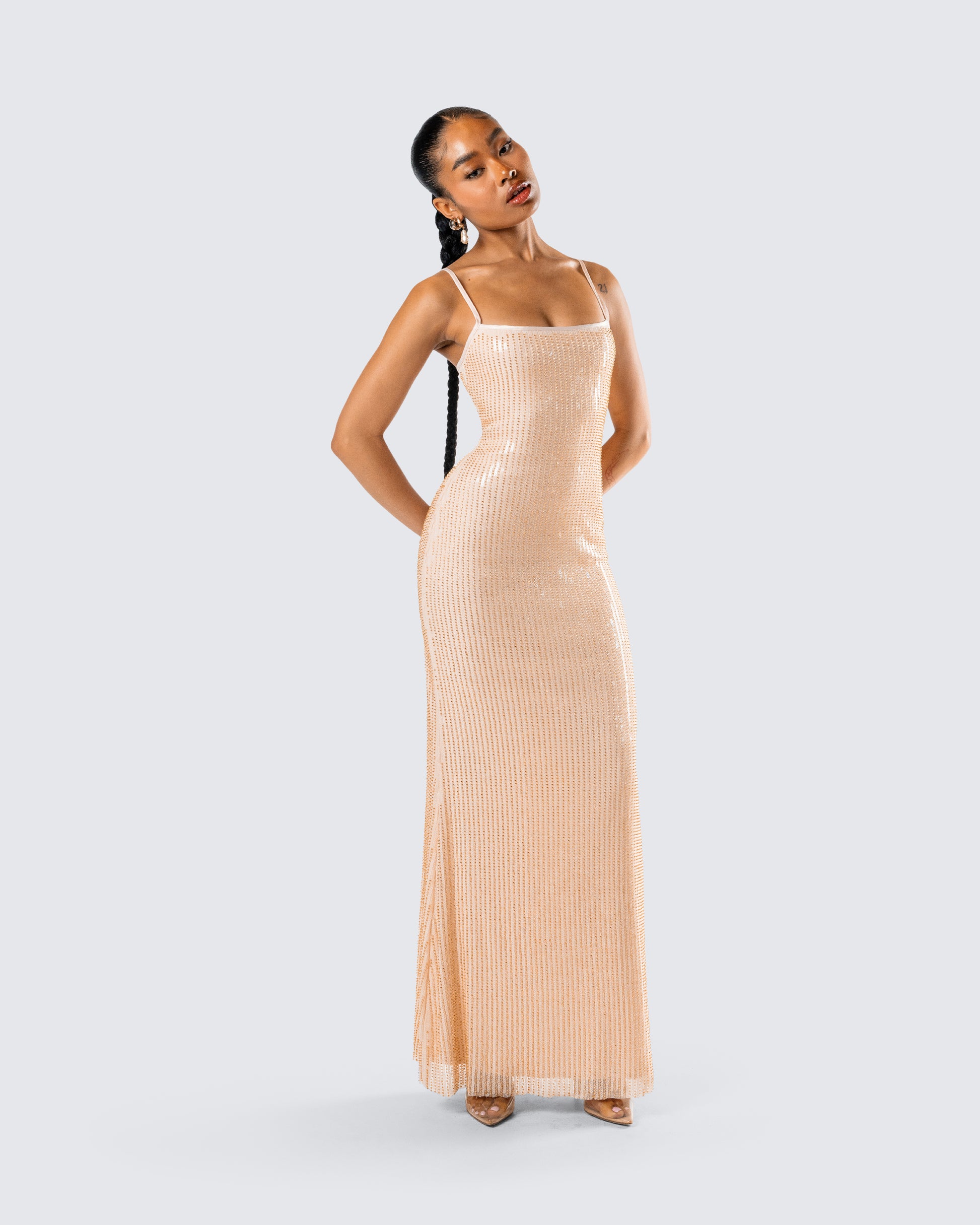 Gold Sequin Maxi Dress - Strappy Bodycon Formal Gown FINESSE Gold Sequin Maxi Dress - Strappy Bodycon Formal Gown FINESSE