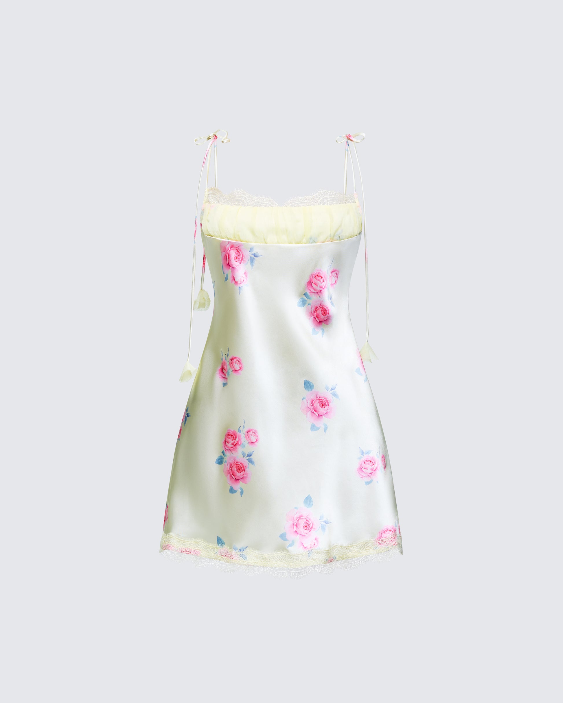 Yellow Floral Satin Mini Dress - Tie Strap Slip Dress FINESSE Yellow Floral Satin Mini Dress - Tie Strap Slip Dress FINESSE