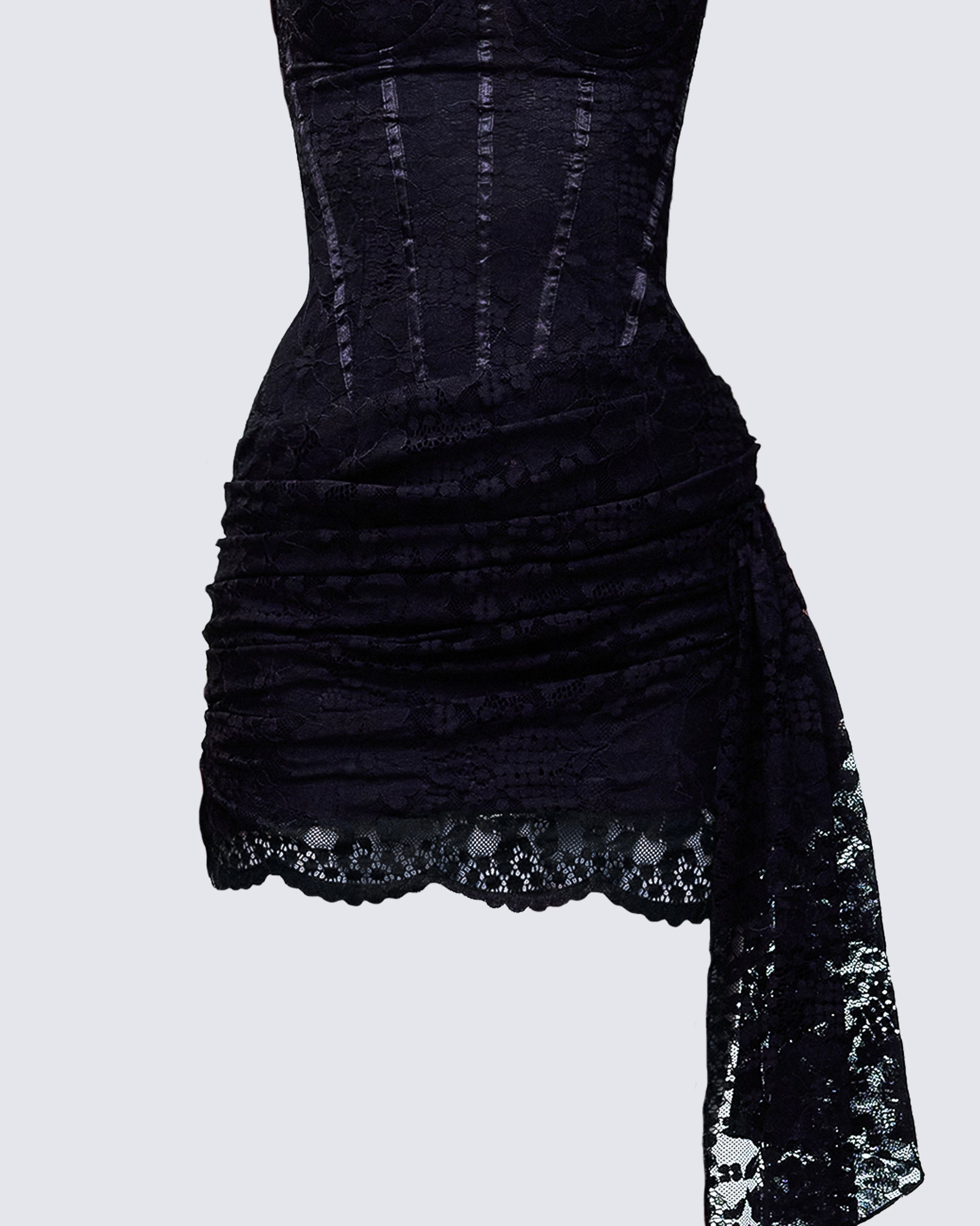 Black Lace Corset Mini Dress - Draped Asymmetric Hem FINESSE Black Lace Corset Mini Dress - Draped Asymmetric Hem FINESSE