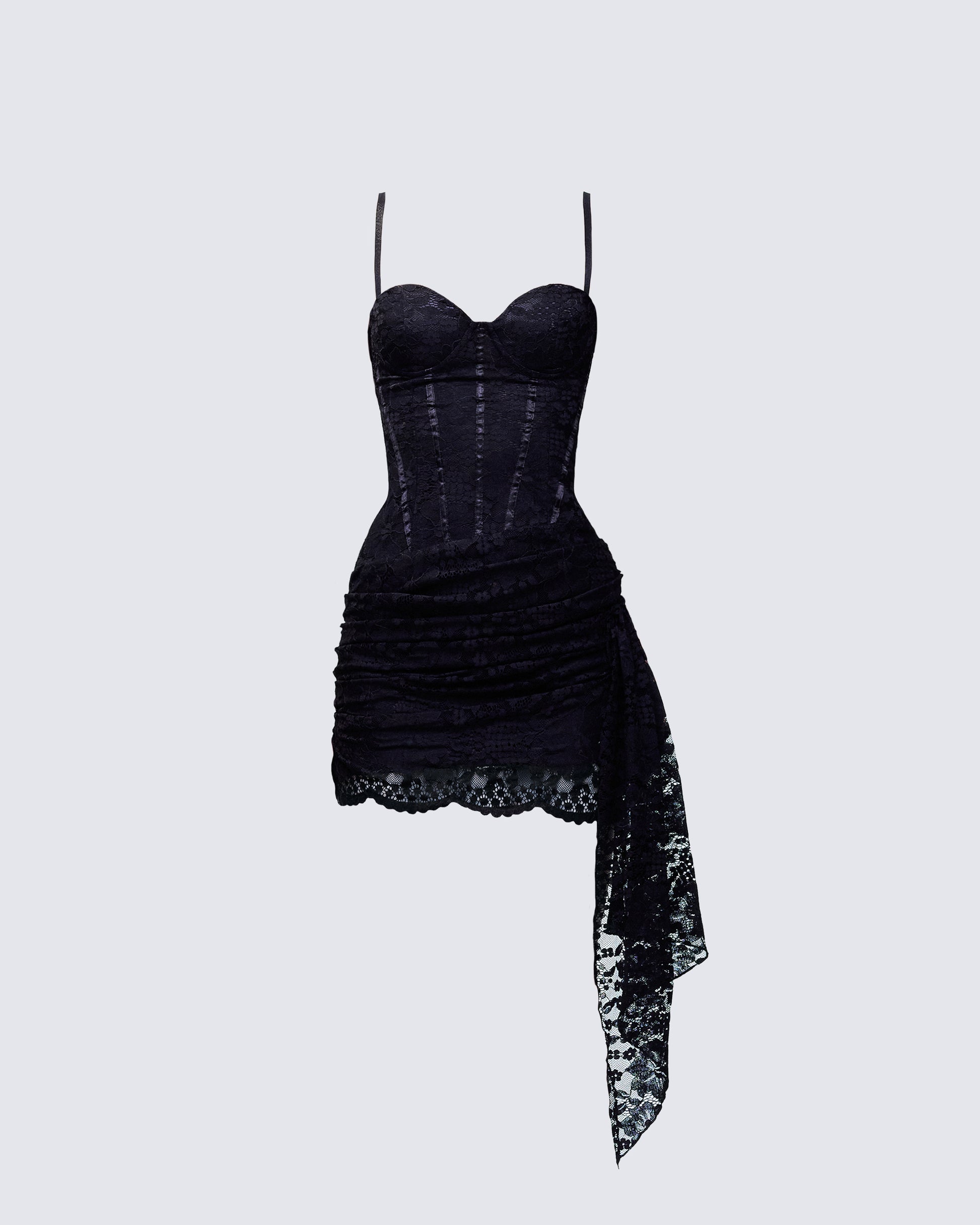 Black Lace Corset Mini Dress - Draped Asymmetric Hem FINESSE Black Lace Corset Mini Dress - Draped Asymmetric Hem FINESSE