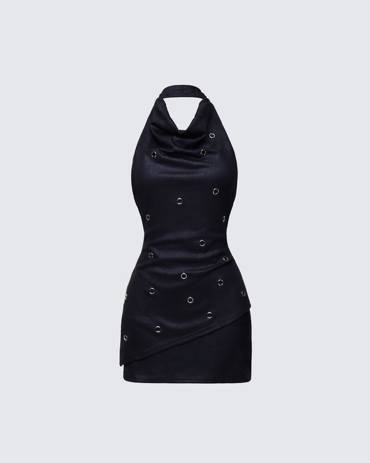 Mina Black Halter Eyelet Leather Look Dress product front