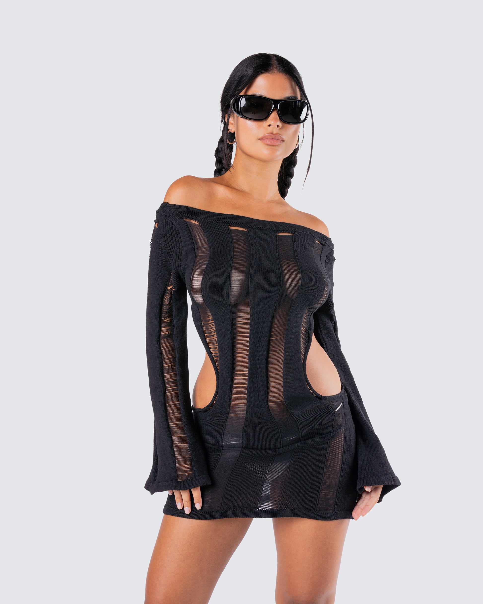 Black Sheer Panel Mini Dress - Long Sleeve Bodycon FINESSE Black Sheer Panel Mini Dress - Long Sleeve Bodycon FINESSE
