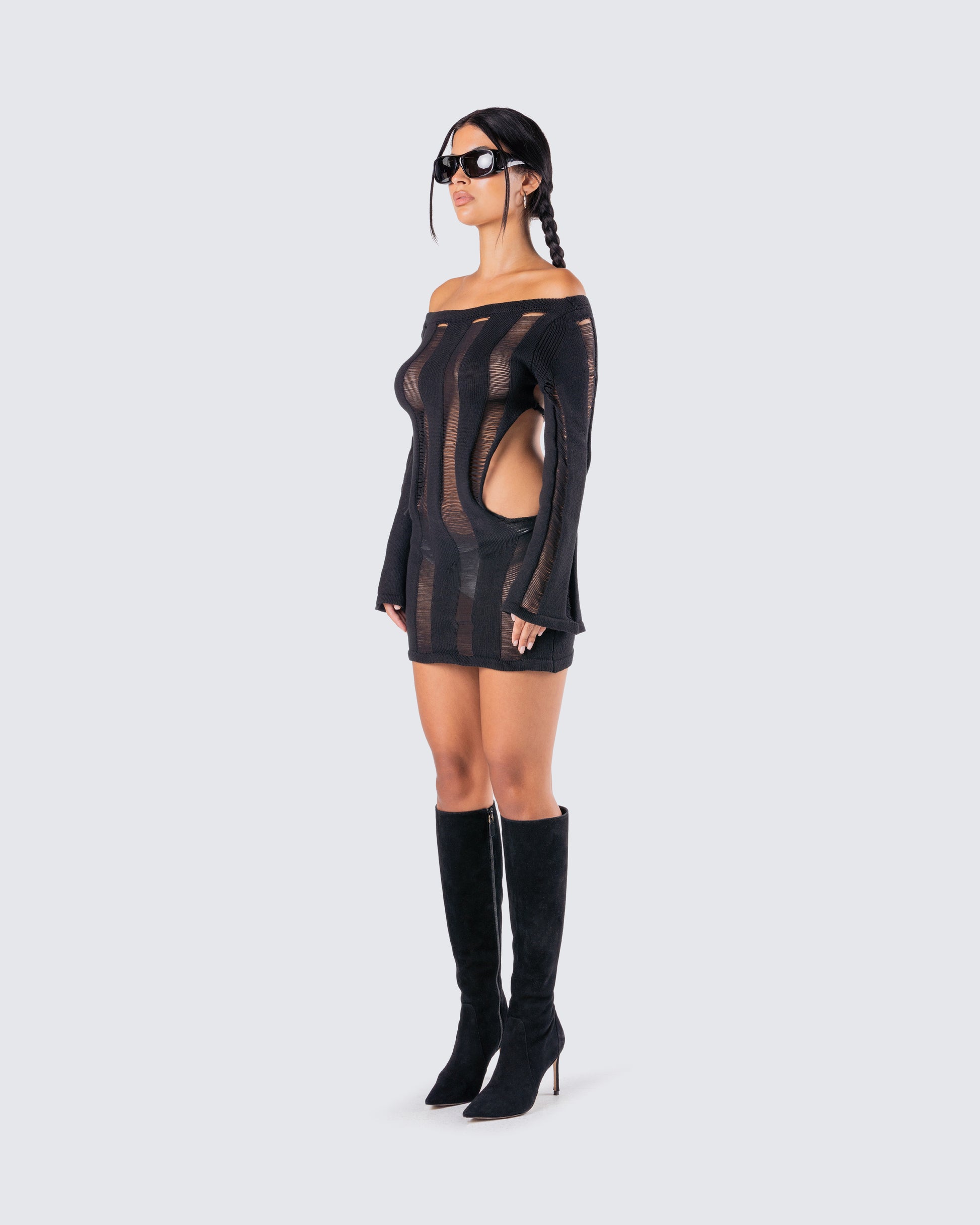Black Sheer Panel Mini Dress - Long Sleeve Bodycon FINESSE Black Sheer Panel Mini Dress - Long Sleeve Bodycon FINESSE