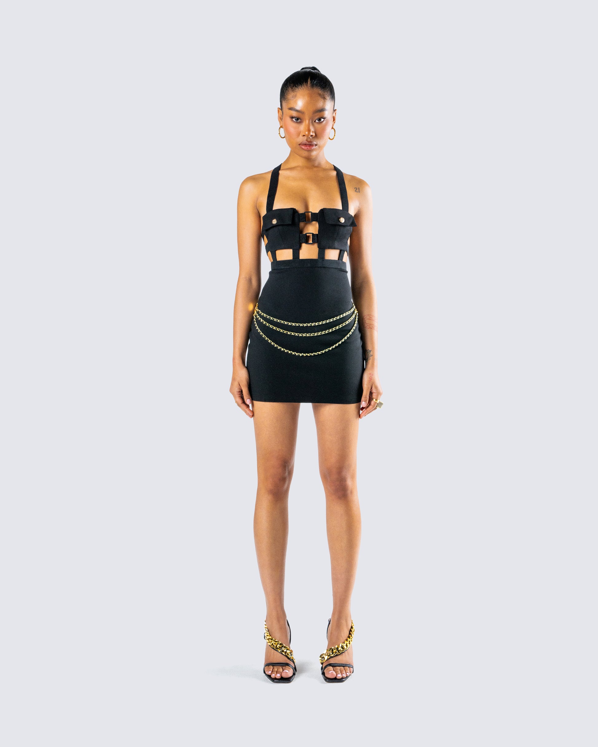 Black Chain Belt Mini Dress - Cutout Harness Two-Piece FINESSE Black Chain Belt Mini Dress - Cutout Harness Two-Piece FINESSE