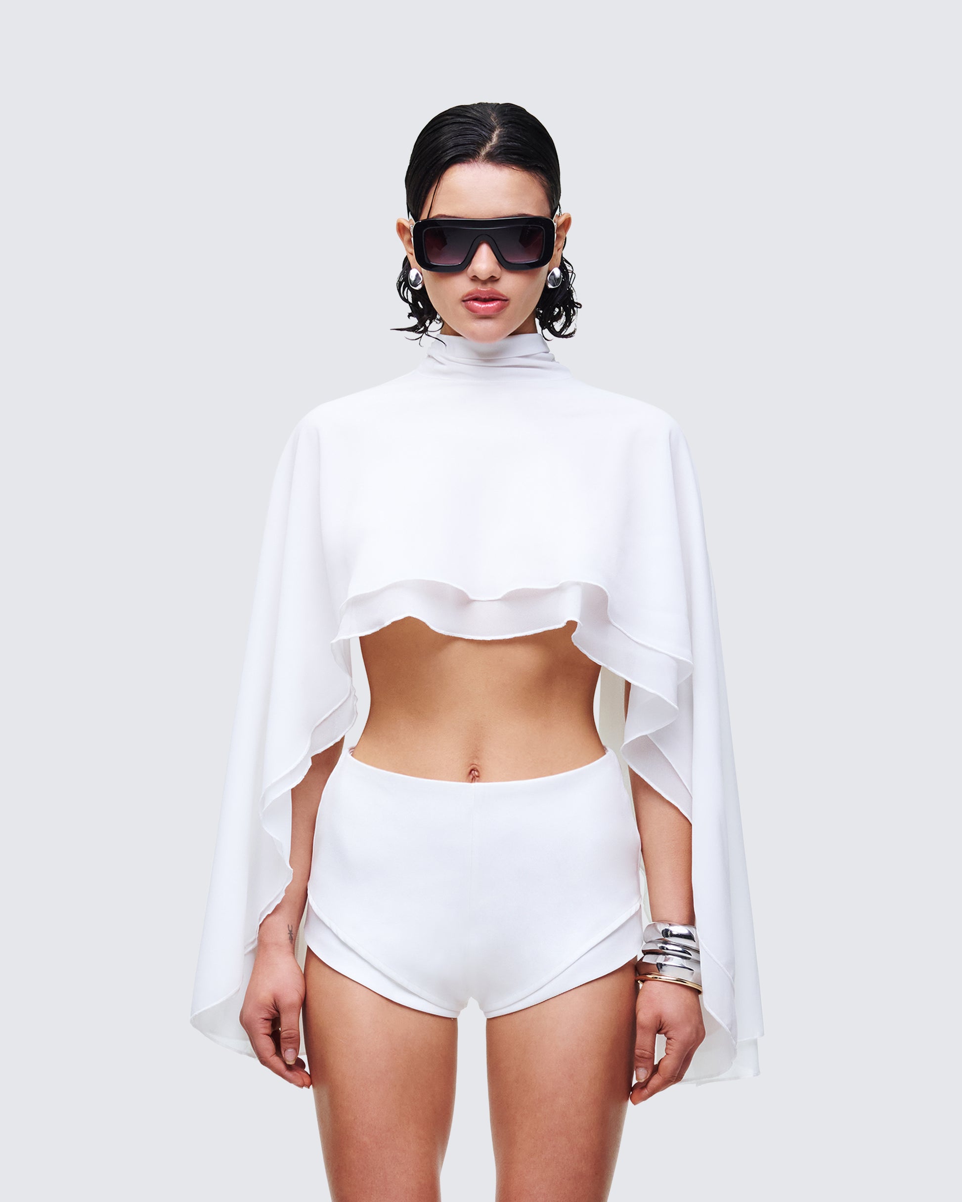 Mitchie White Georgette Open Back Cape model front