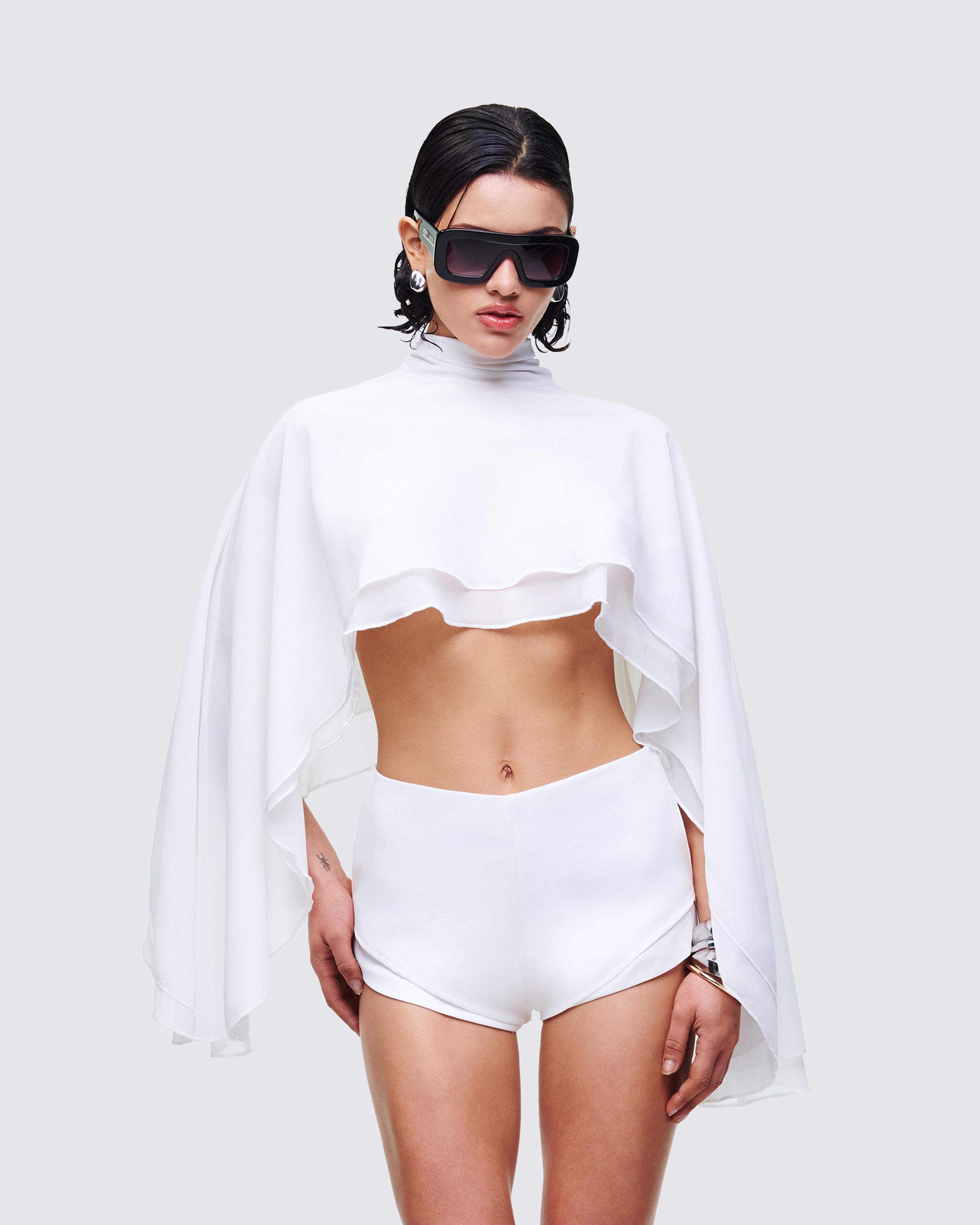 White Cape Top - Open Back Drape Crop – FINESSE