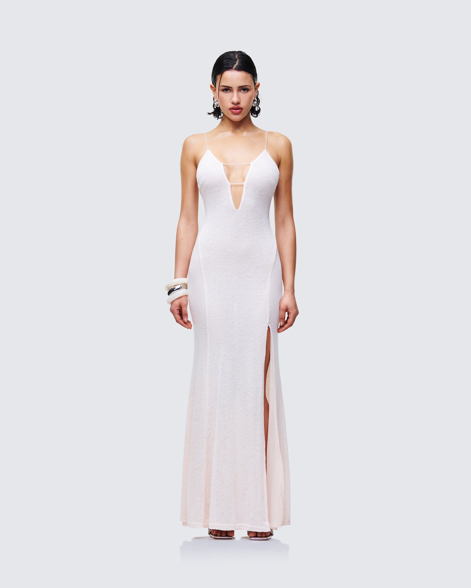 Mollie Ivory Plunge Neck Maxi Dress model front