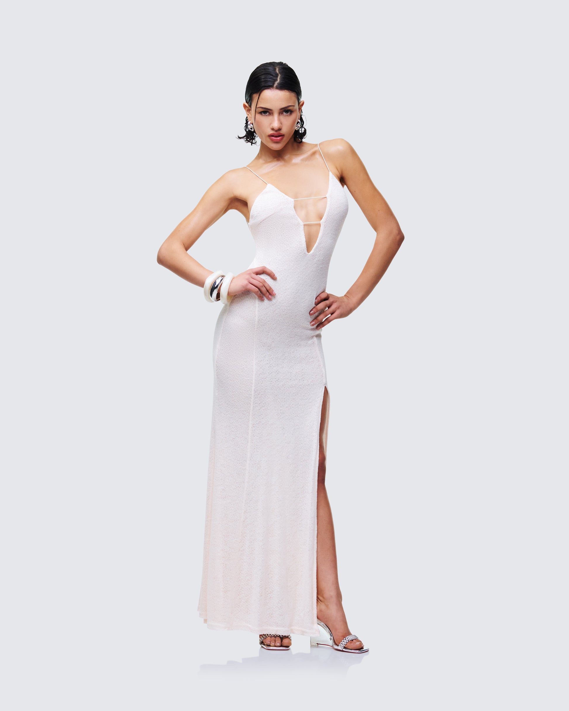 Mollie Ivory Plunge Neck Maxi Dress - back view