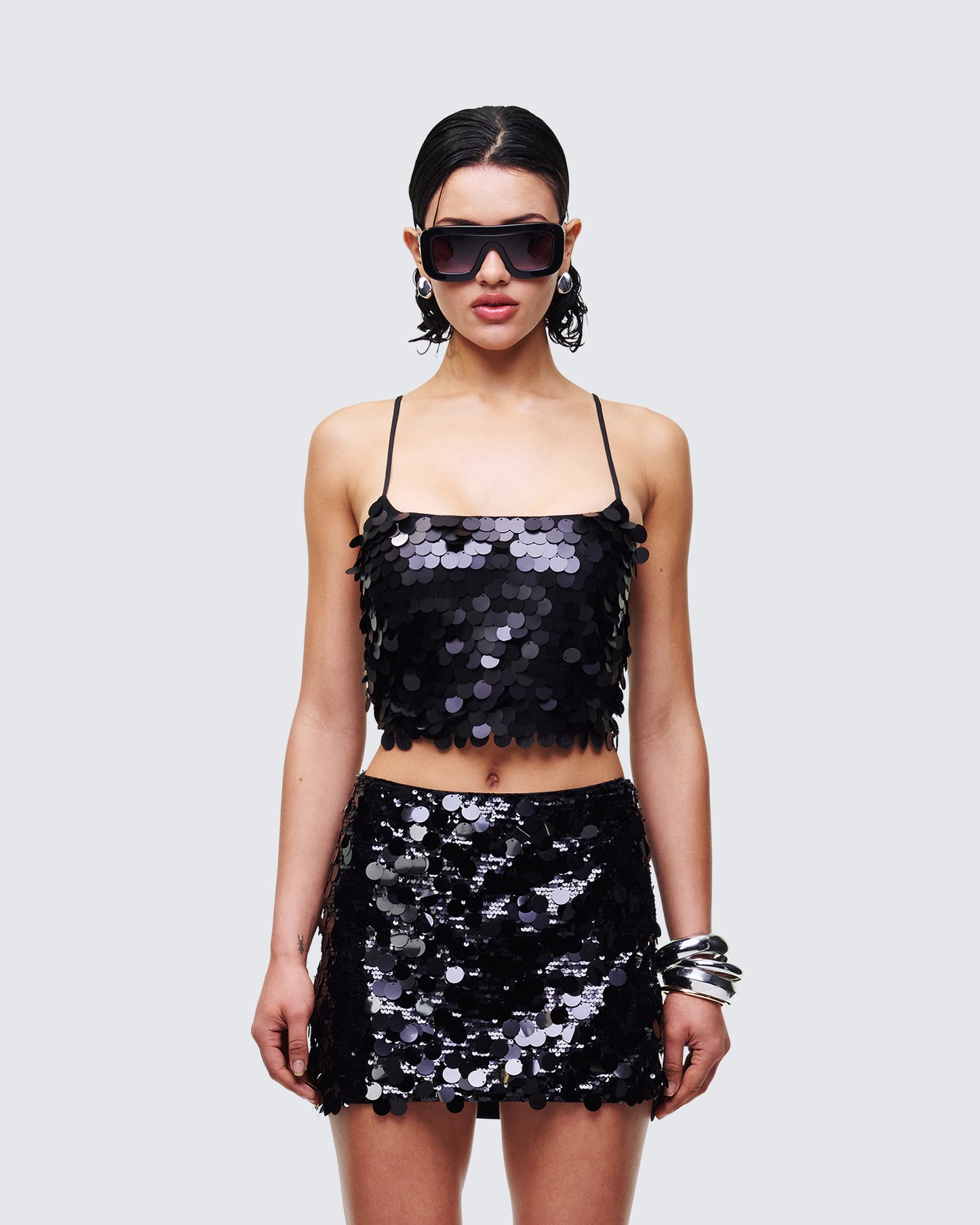 Mondana black Sequin Cami Top model front