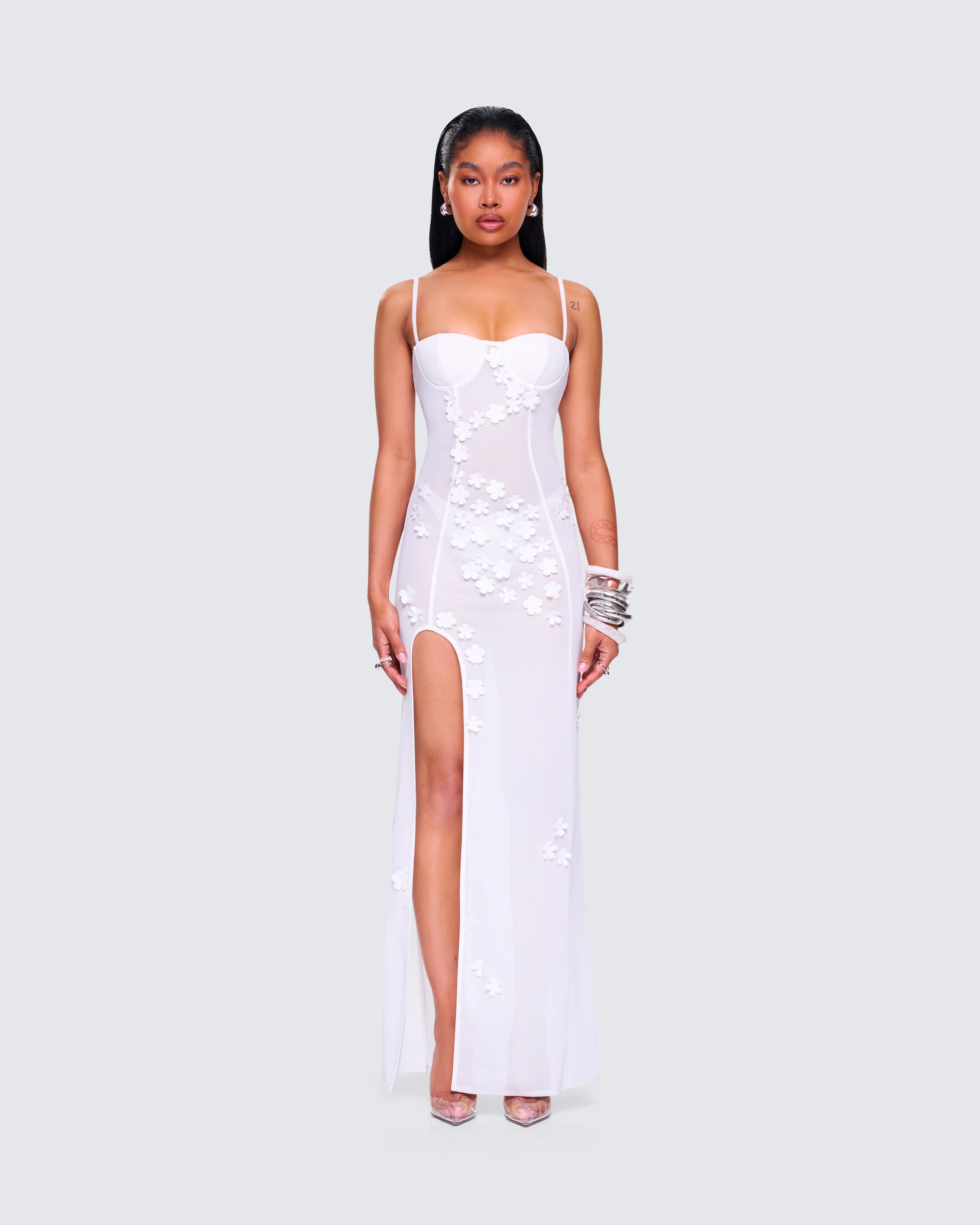 White Floral Mesh Maxi Dress - Sheer Overlay Formal FINESSE White Floral Mesh Maxi Dress - Sheer Overlay Formal FINESSE