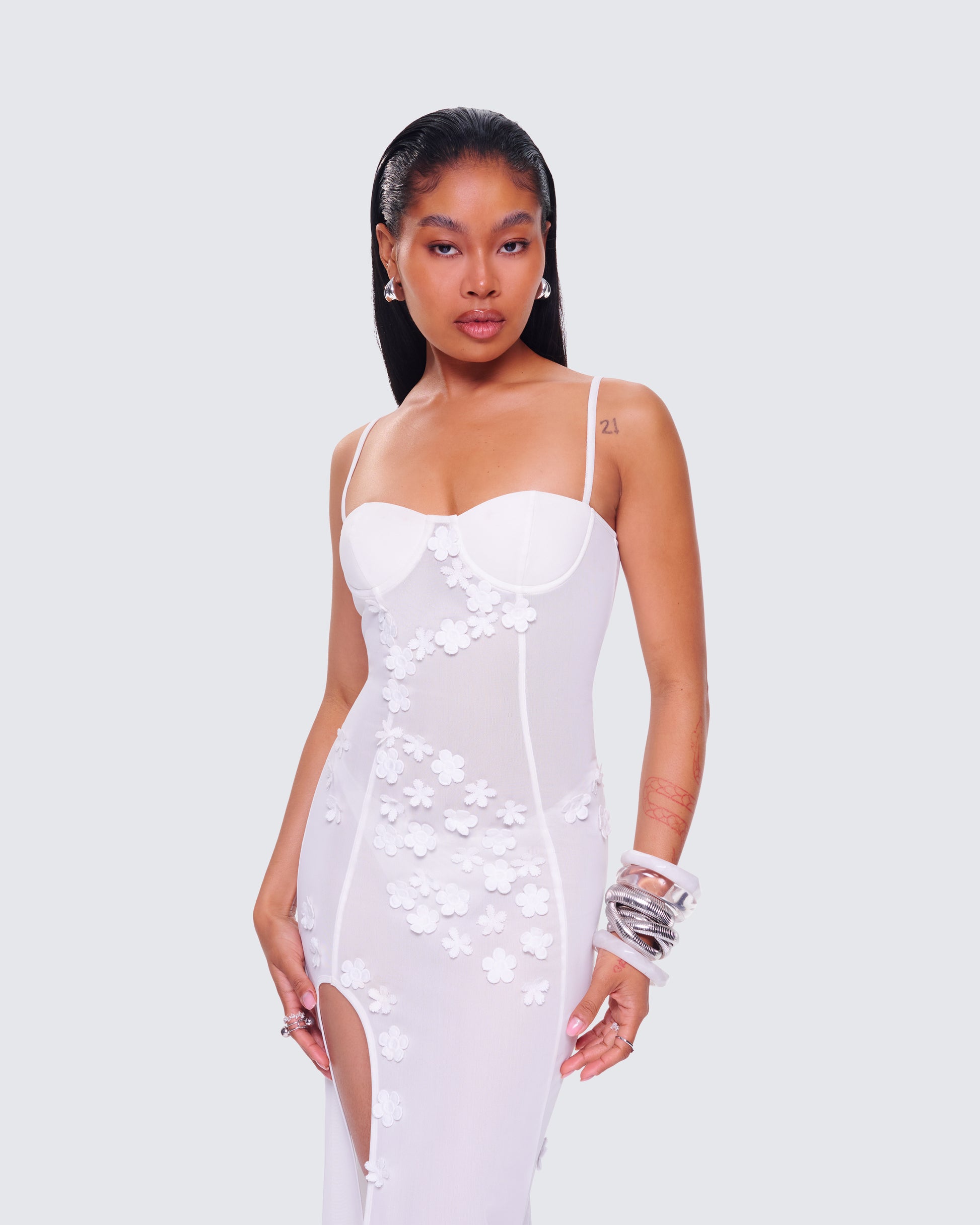 White Floral Mesh Maxi Dress - Sheer Overlay Formal FINESSE White Floral Mesh Maxi Dress - Sheer Overlay Formal FINESSE