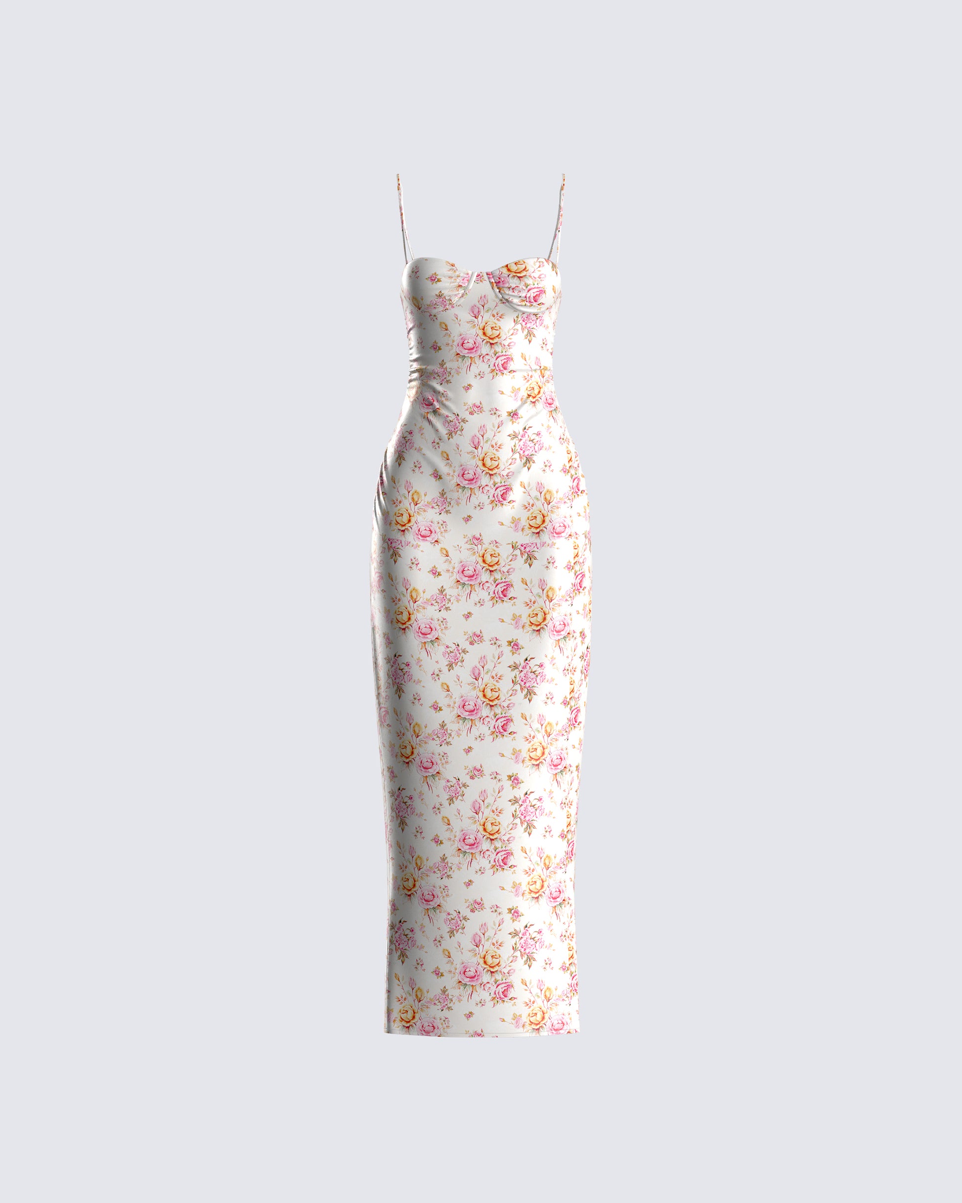 Ivory Floral Print Maxi Dress - Sweetheart Bustier FINESSE Ivory Floral Print Maxi Dress - Sweetheart Bustier FINESSE