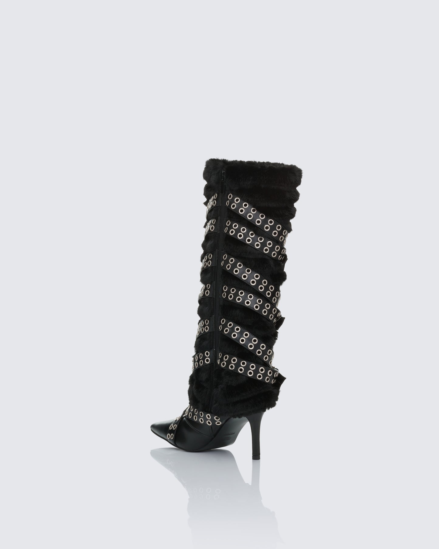Namira Black Fur Knee High Buckle Strapped Boot