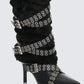 Namira Black Fur Knee High Buckle Strapped Boot