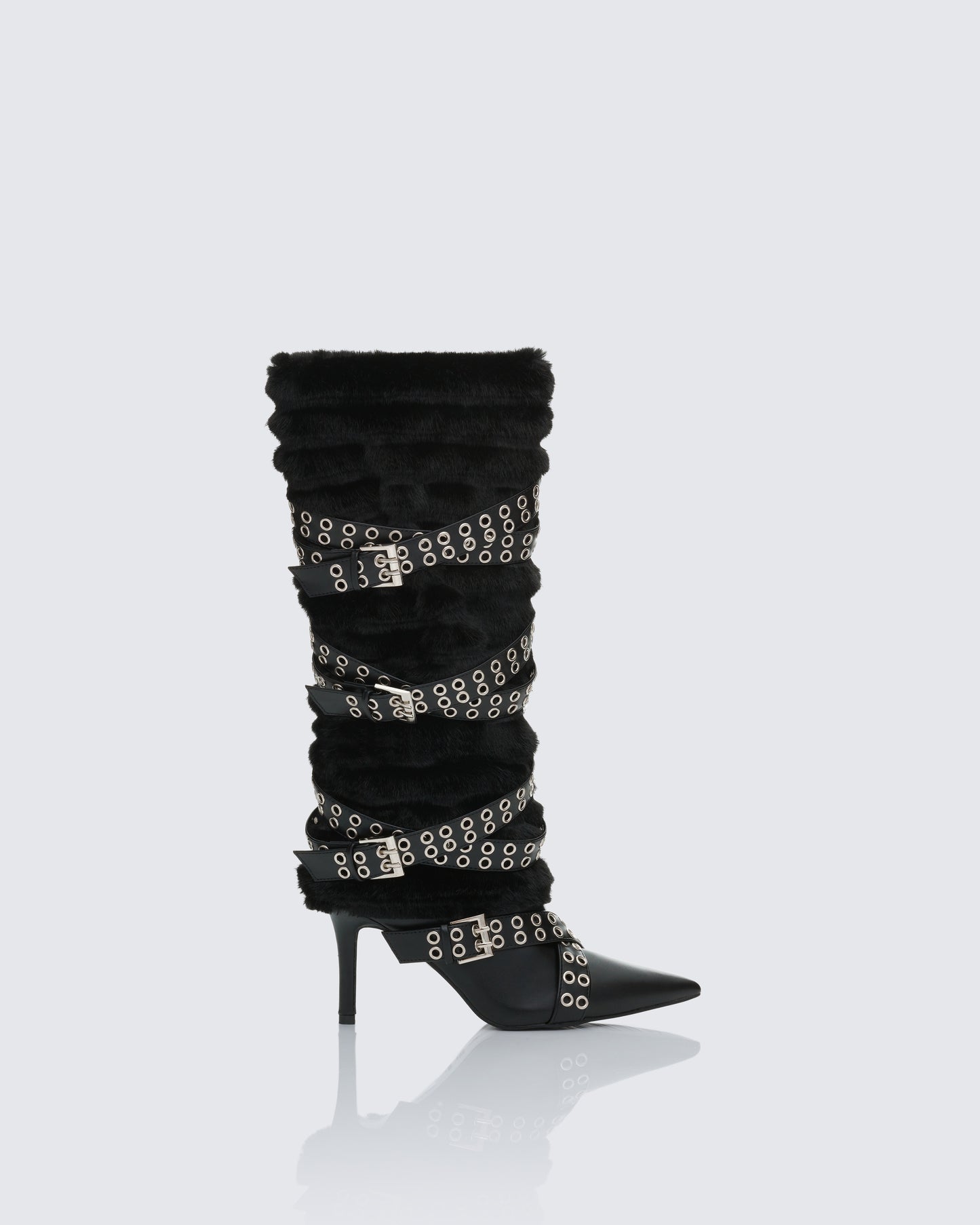Namira Black Fur Knee High Buckle Strapped Boot