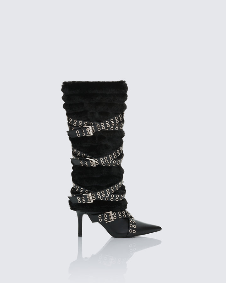 Namira Black Fur Knee High Buckle Strapped Boot