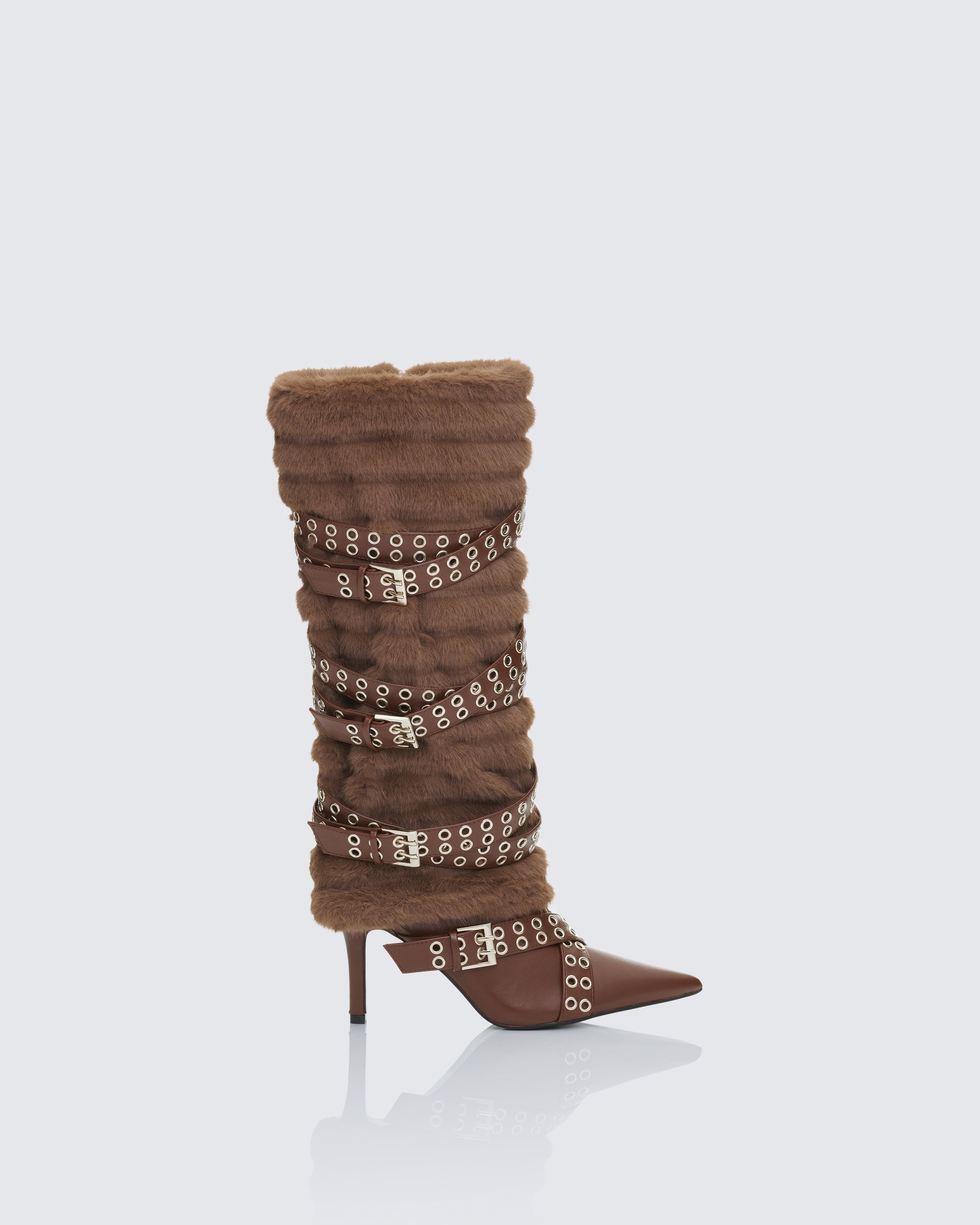 Brown Fur Knee High Boots - Buckle Strap Stiletto – FINESSE