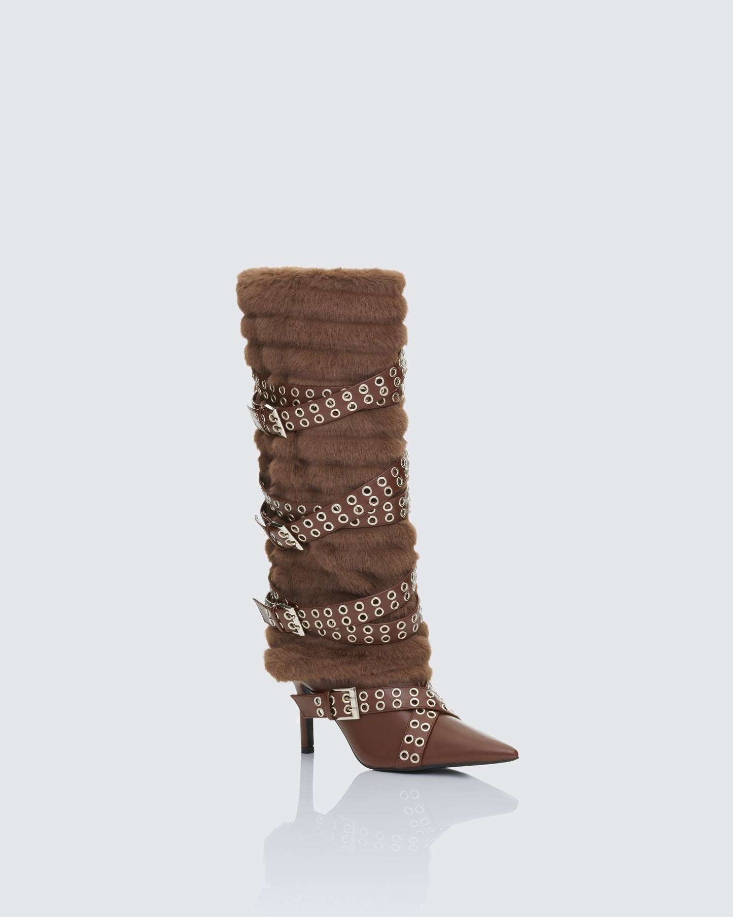 Namira Brown Fur Knee High Buckle Strapped Boot