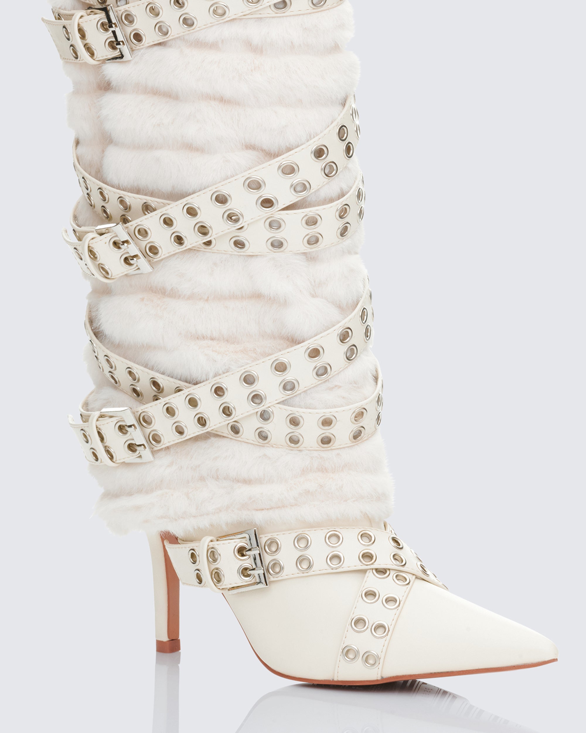 Cream Fur Knee High Boots - Studded Buckle Straps – FINESSE