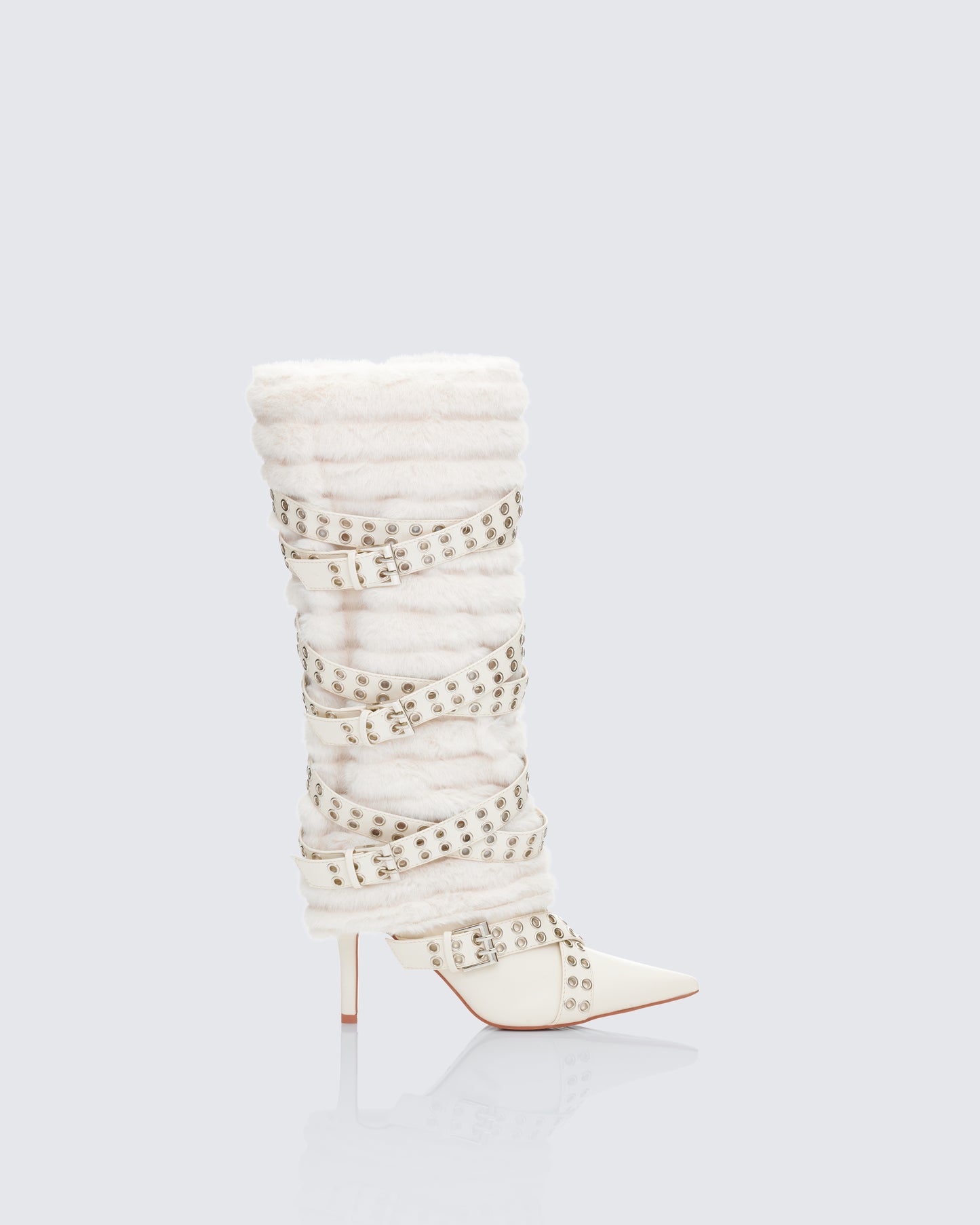 Namira Cream Fur Knee High Buckle Strapped Boot