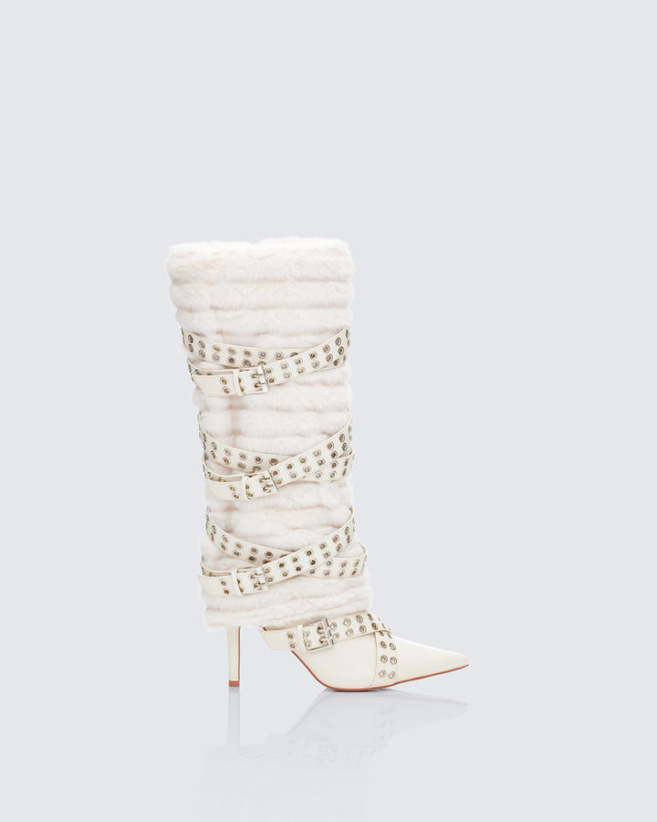 Namira Cream Fur Knee High Buckle Strapped Boot