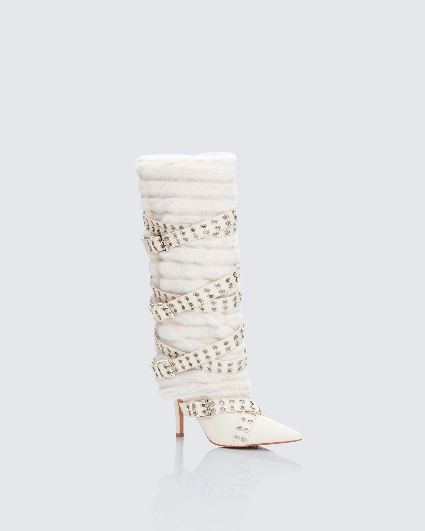 Namira Cream Fur Knee High Buckle Strapped Boot