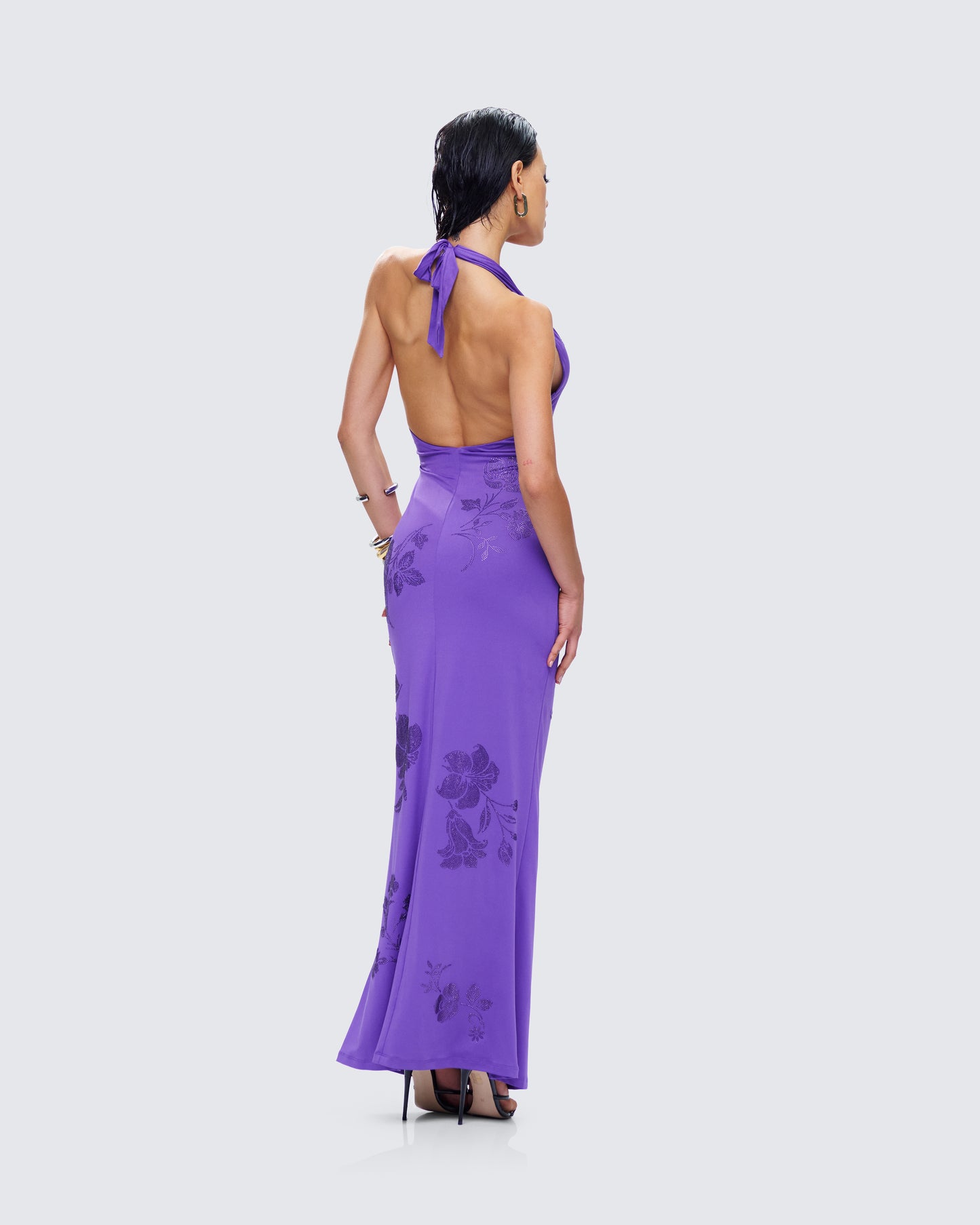 Nari Purple Rhinestone Plunge Maxi Dress