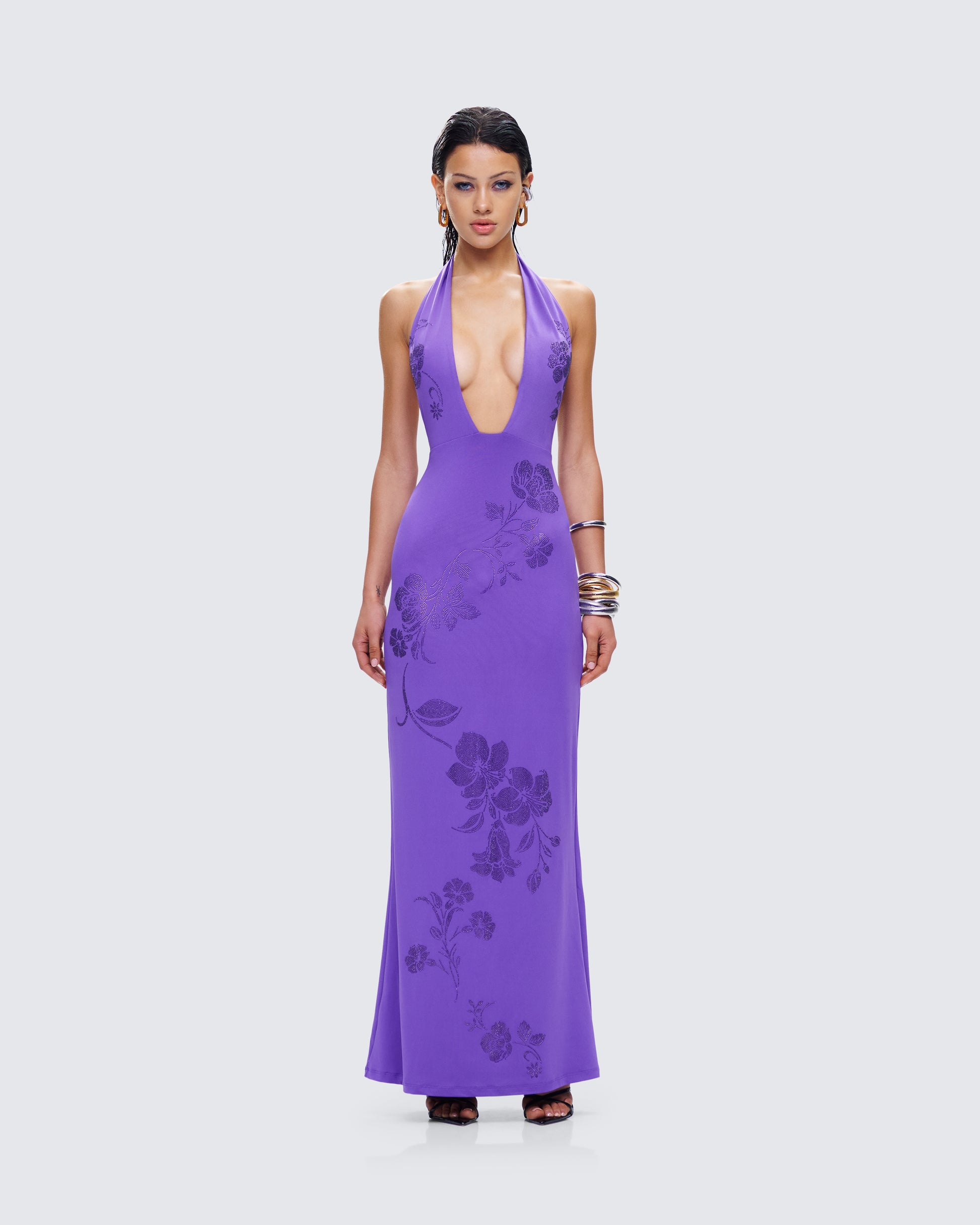 Purple Halter Maxi Dress - Embroidered Floral Plunge FINESSE Purple Halter Maxi Dress - Embroidered Floral Plunge FINESSE