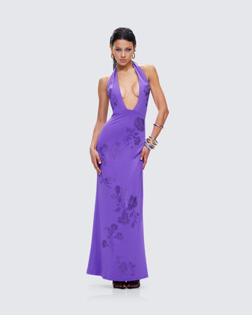 Nari Purple Rhinestone Plunge Maxi Dress