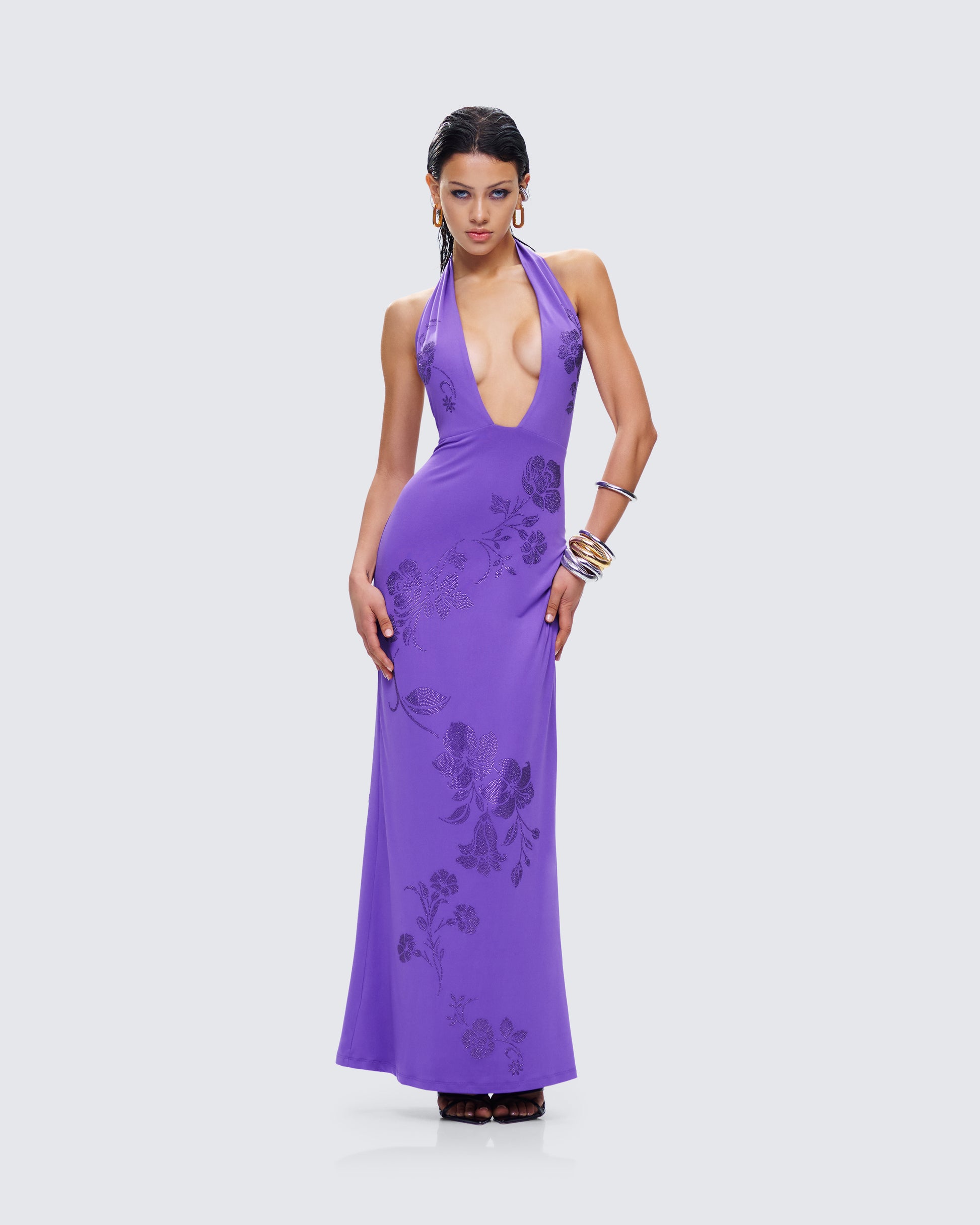 Purple Halter Maxi Dress - Embroidered Floral Plunge FINESSE Purple Halter Maxi Dress - Embroidered Floral Plunge FINESSE