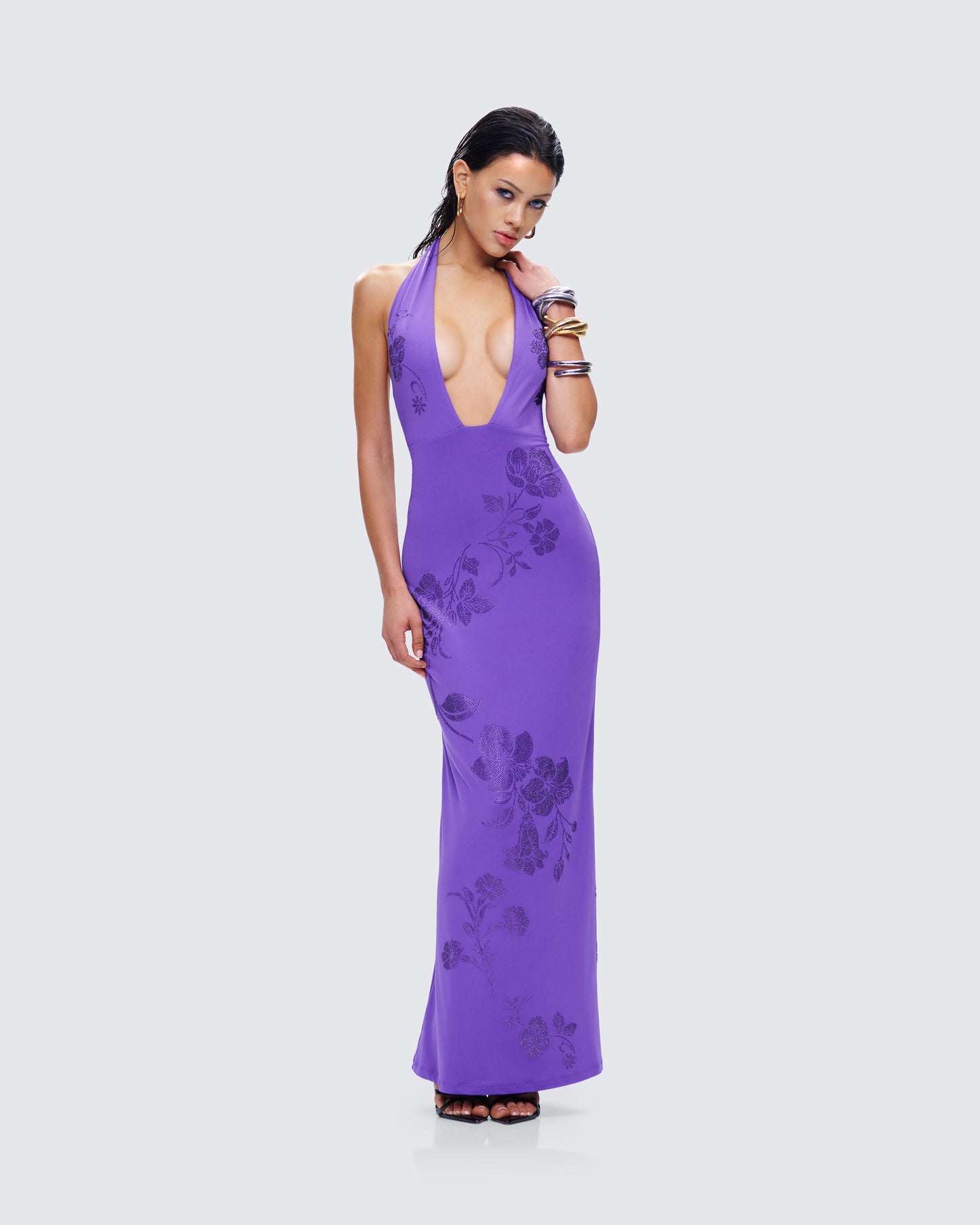 Nari Purple Rhinestone Plunge Maxi Dress