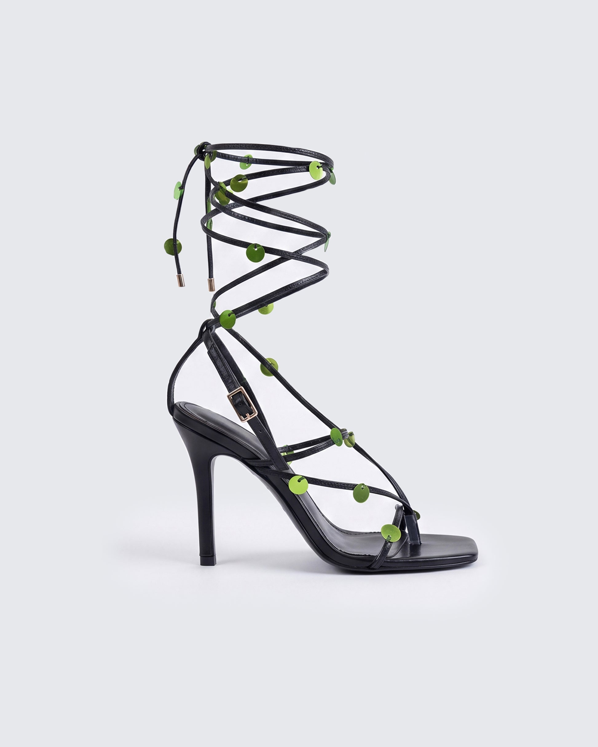 Naya Black Sequin Lace Up Heels - side view