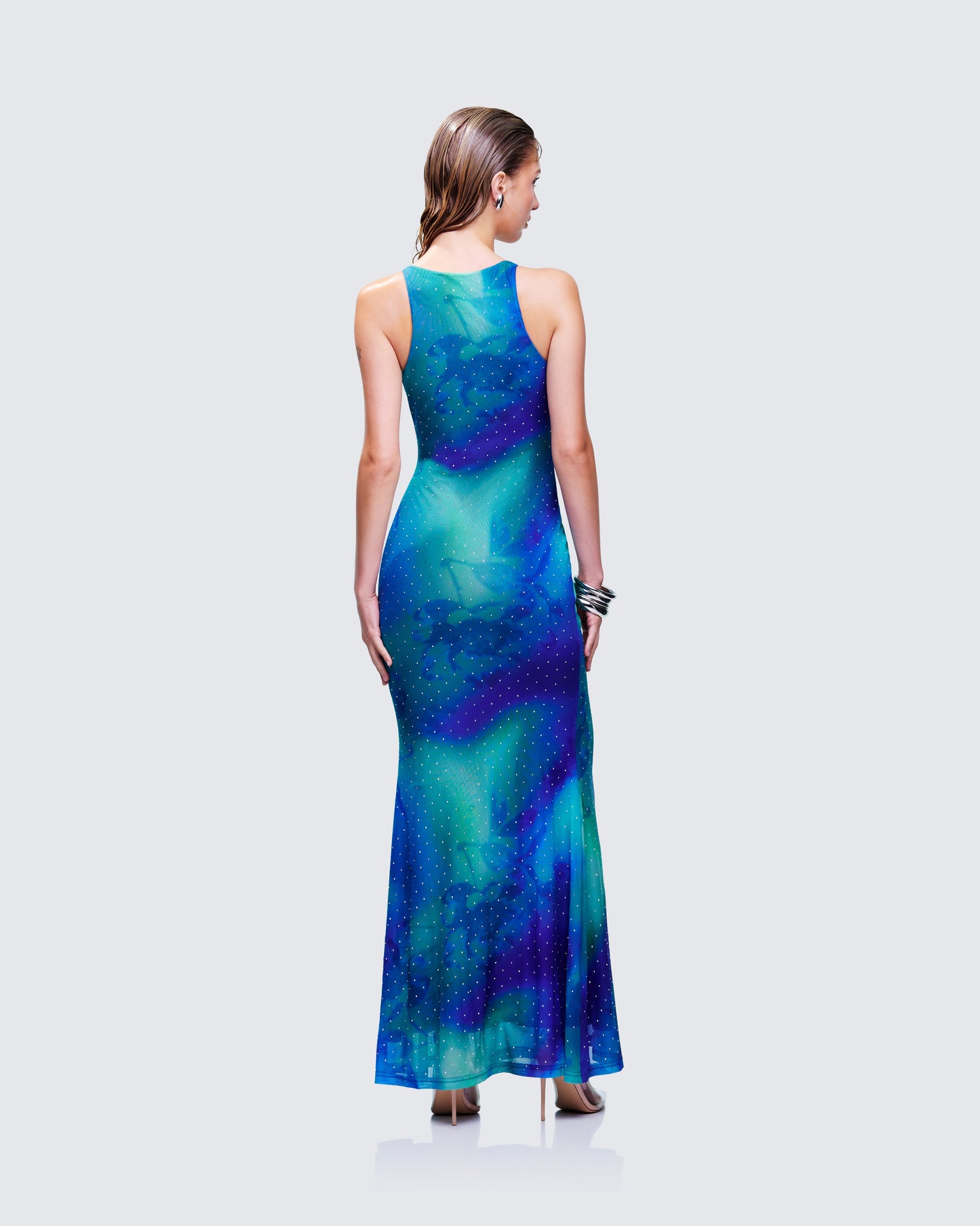 Naya Blue Printed Mesh Maxi Dress