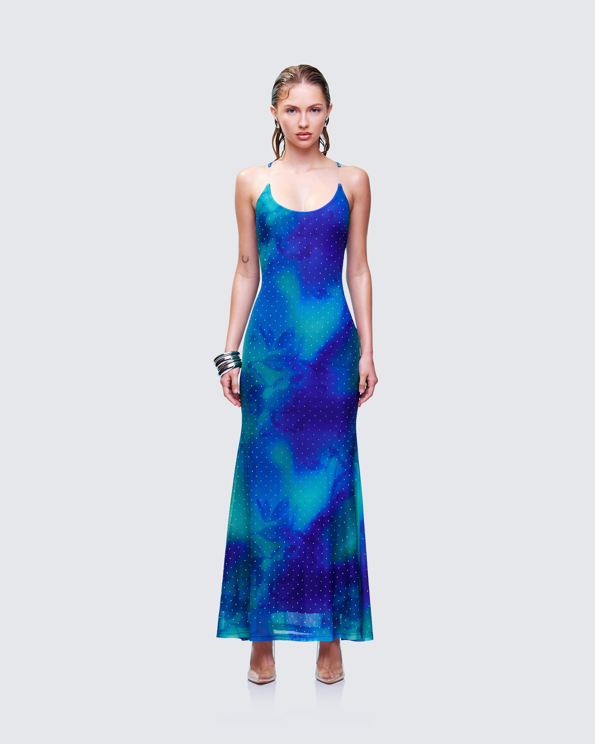 Naya Blue Printed Mesh Maxi Dress model front