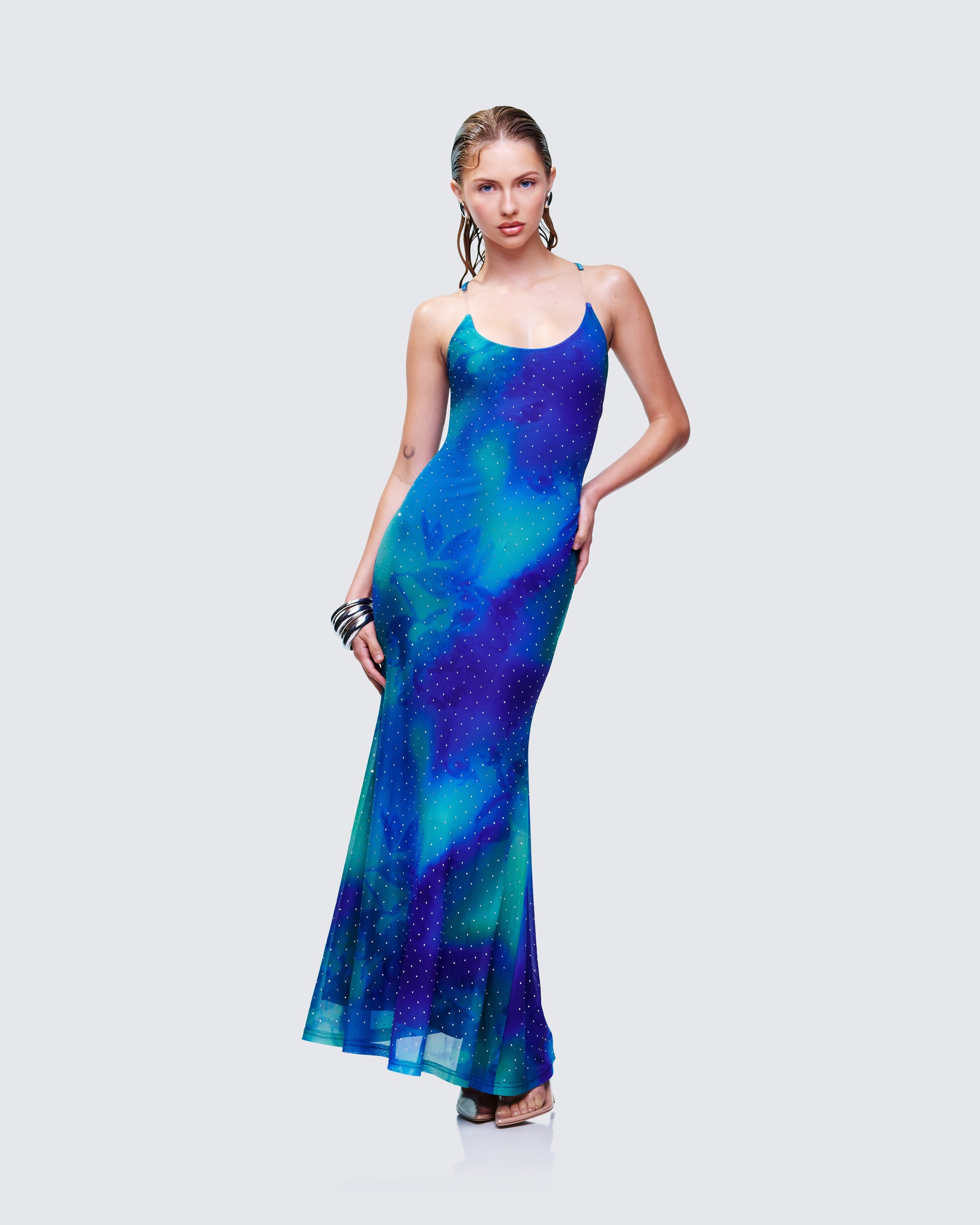 Blue Galaxy Print Mesh Maxi Dress - Sleeveless Bodycon FINESSE Blue Galaxy Print Mesh Maxi Dress - Sleeveless Bodycon FINESSE