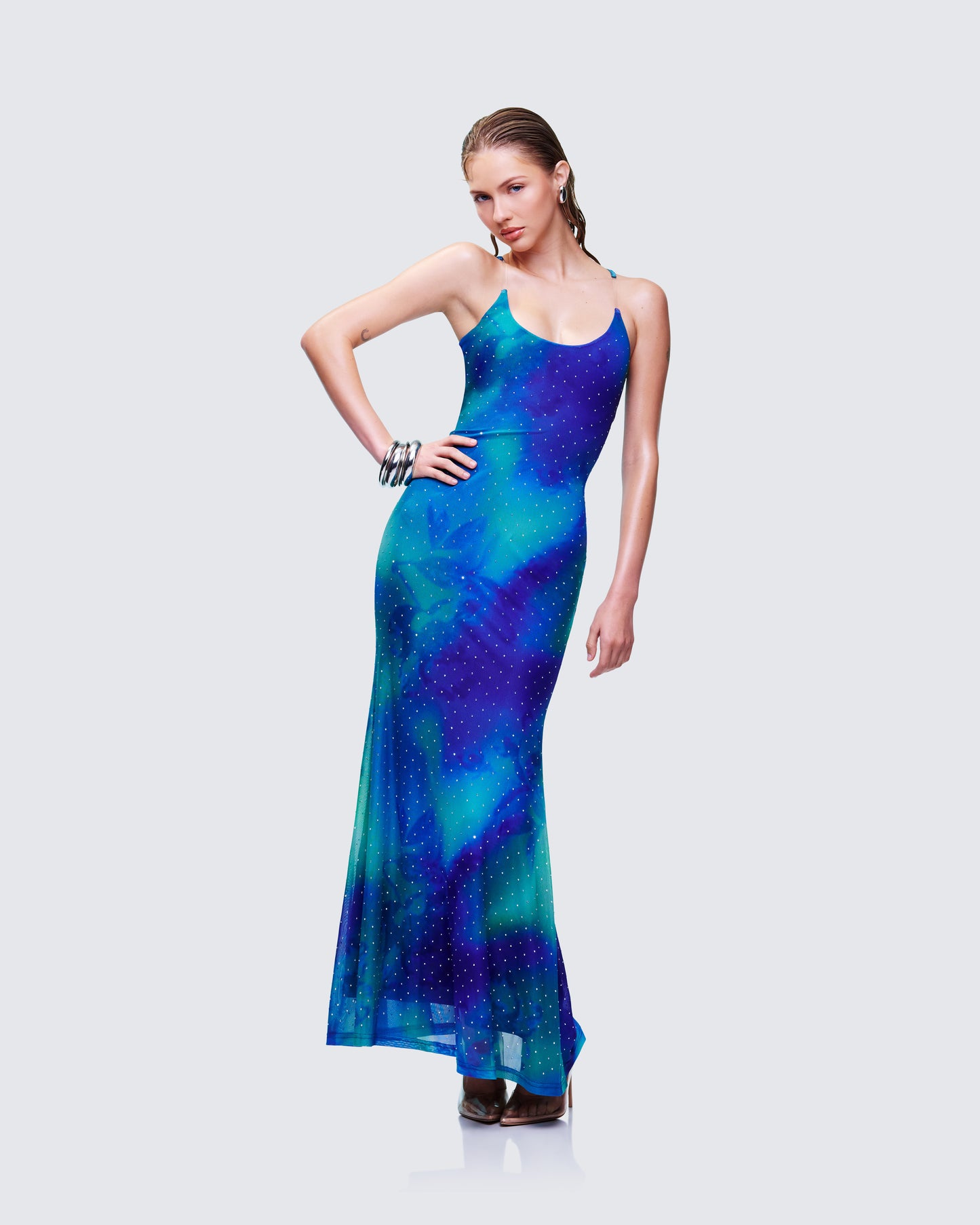 Naya Blue Printed Mesh Maxi Dress