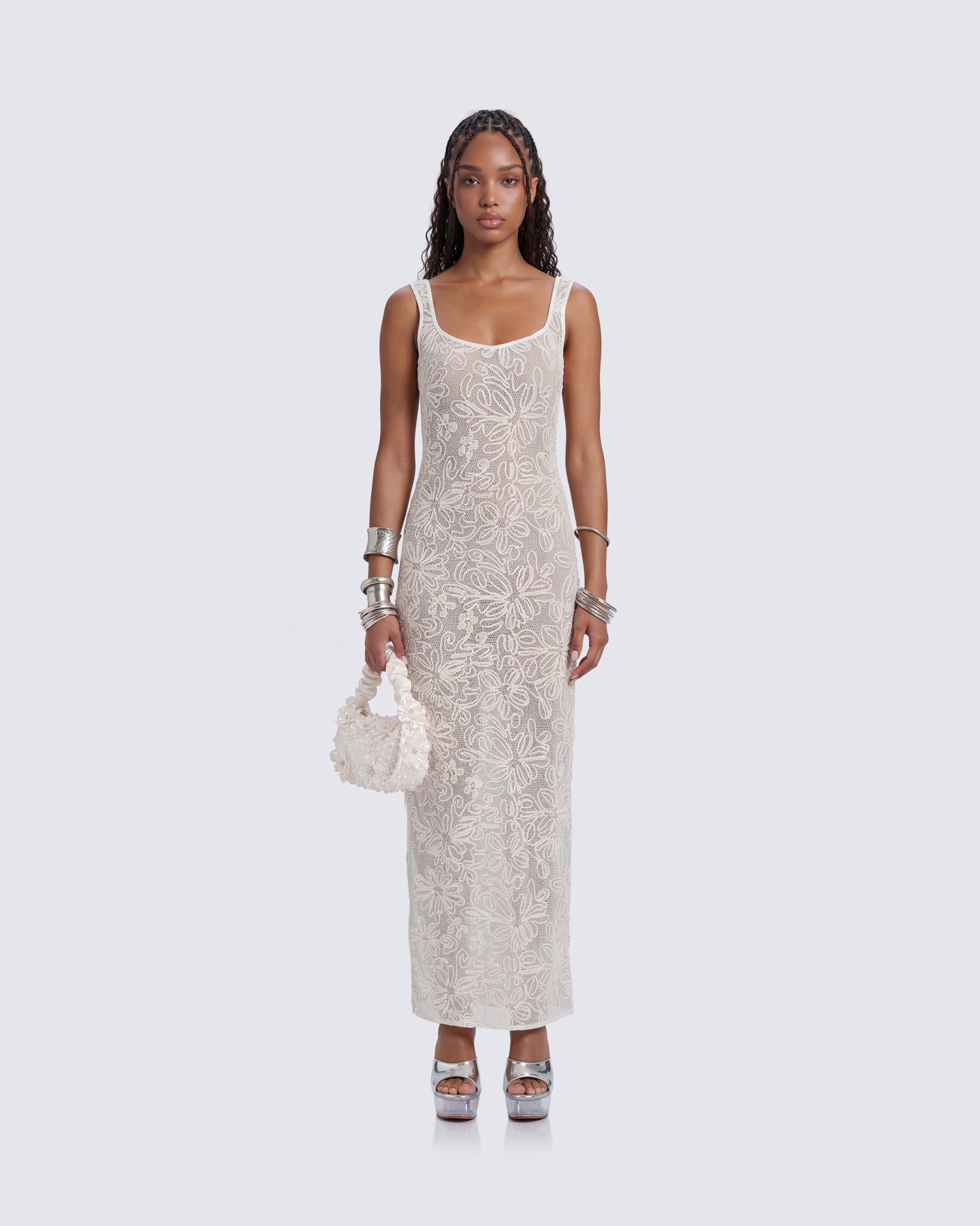 Nayela White Mesh Maxi Dress model front