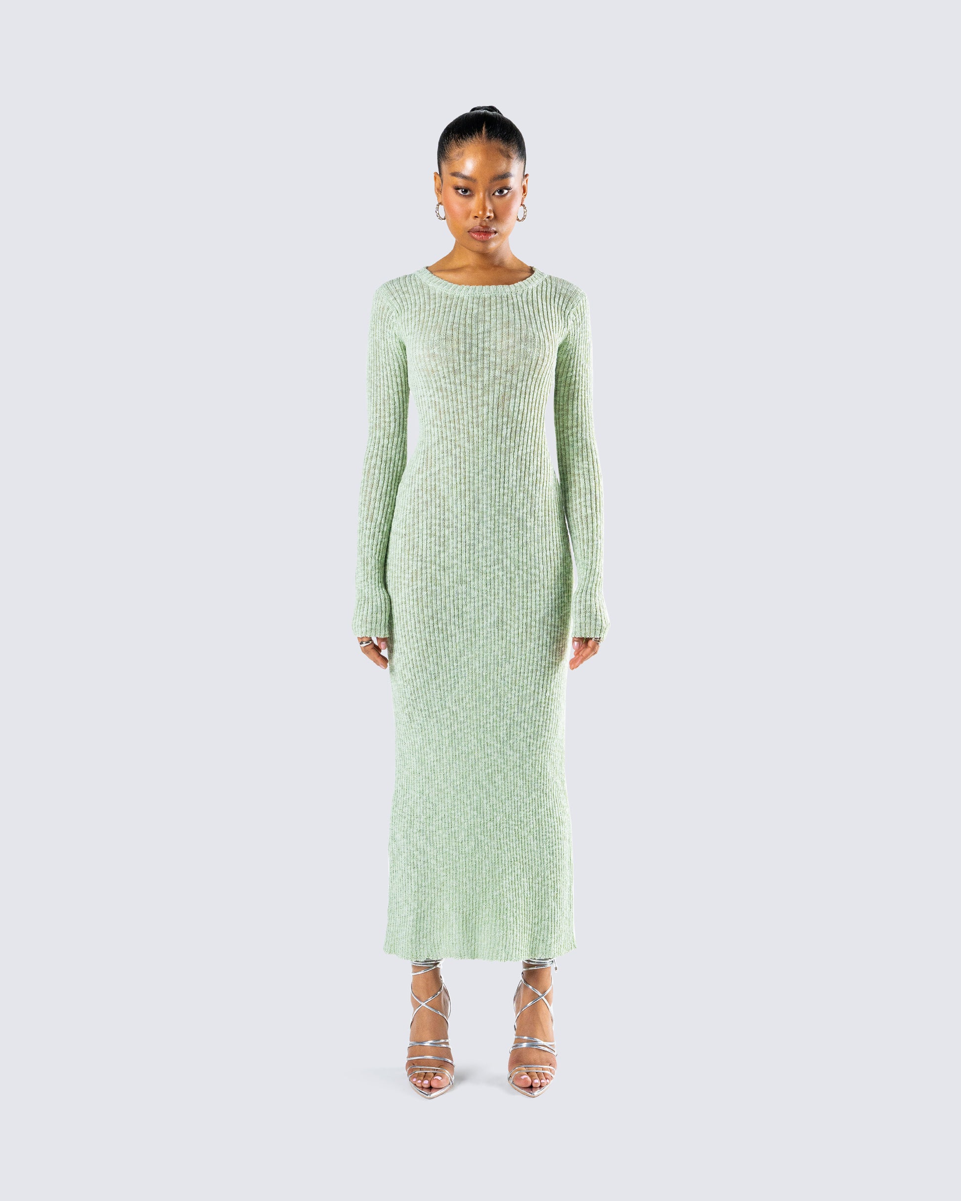 Green Ribbed Midi Dress - Long Sleeve Bodycon Knit FINESSE Green Ribbed Midi Dress - Long Sleeve Bodycon Knit FINESSE