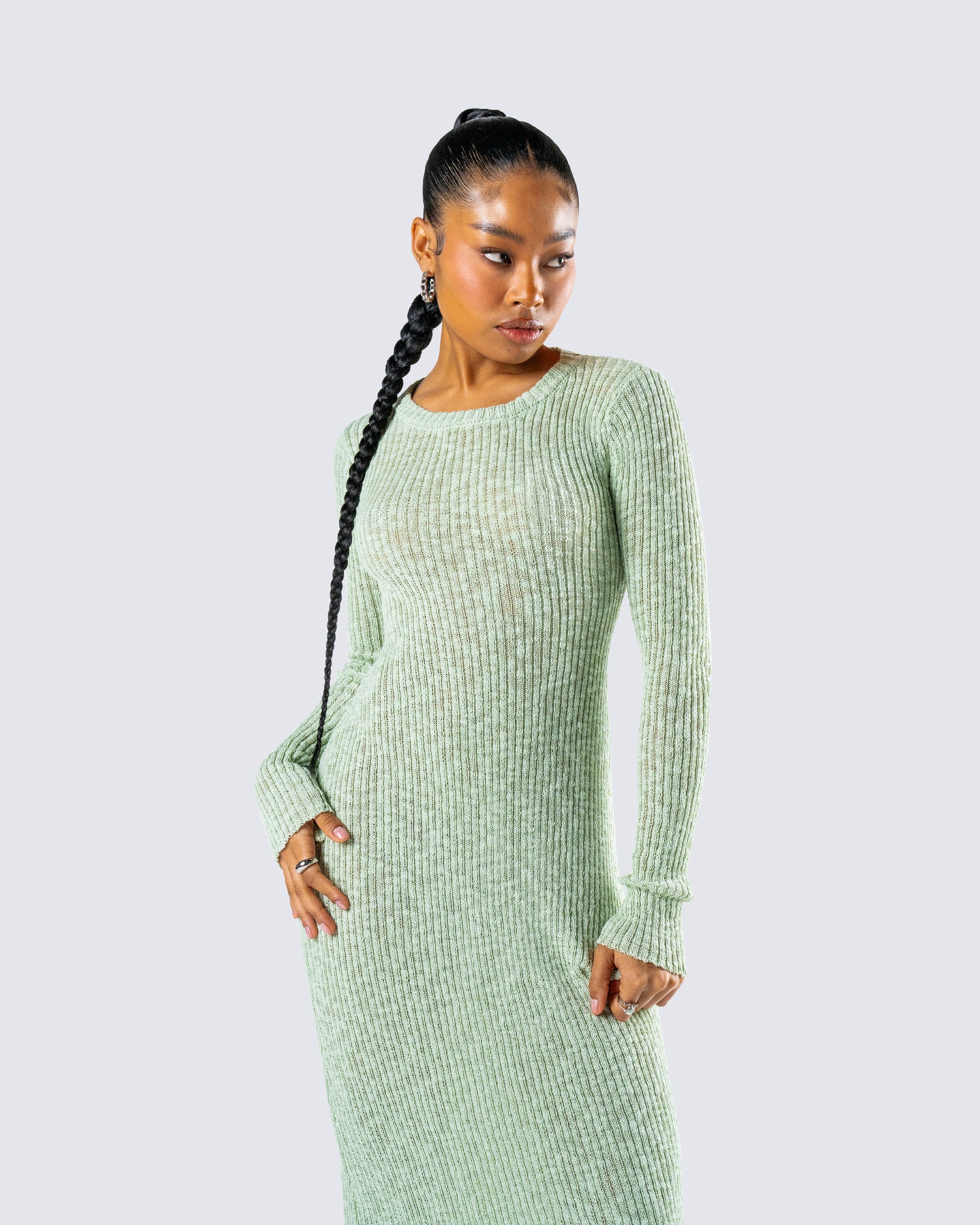 Green Ribbed Midi Dress - Long Sleeve Bodycon Knit FINESSE Green Ribbed Midi Dress - Long Sleeve Bodycon Knit FINESSE