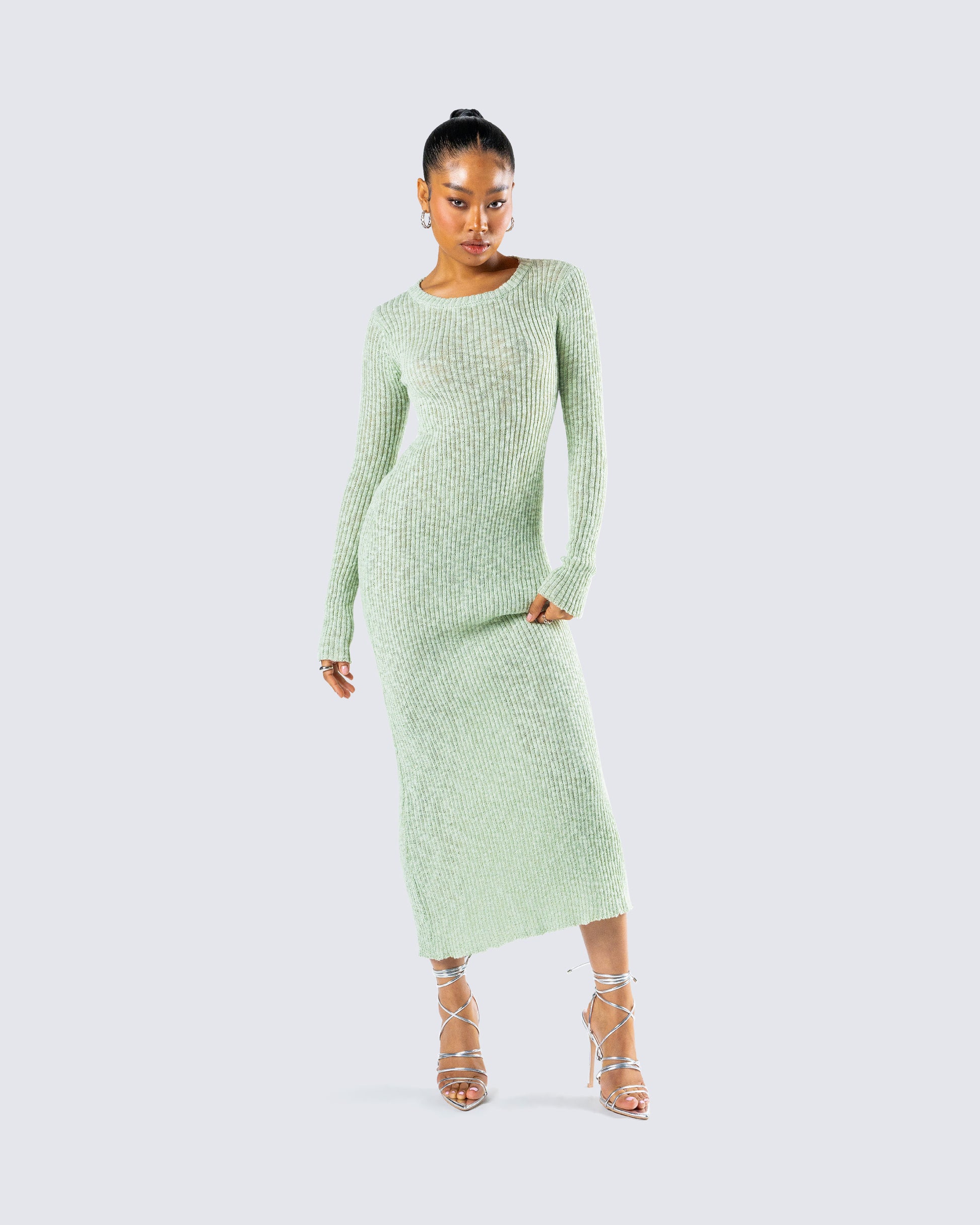 Green Ribbed Midi Dress - Long Sleeve Bodycon Knit FINESSE Green Ribbed Midi Dress - Long Sleeve Bodycon Knit FINESSE