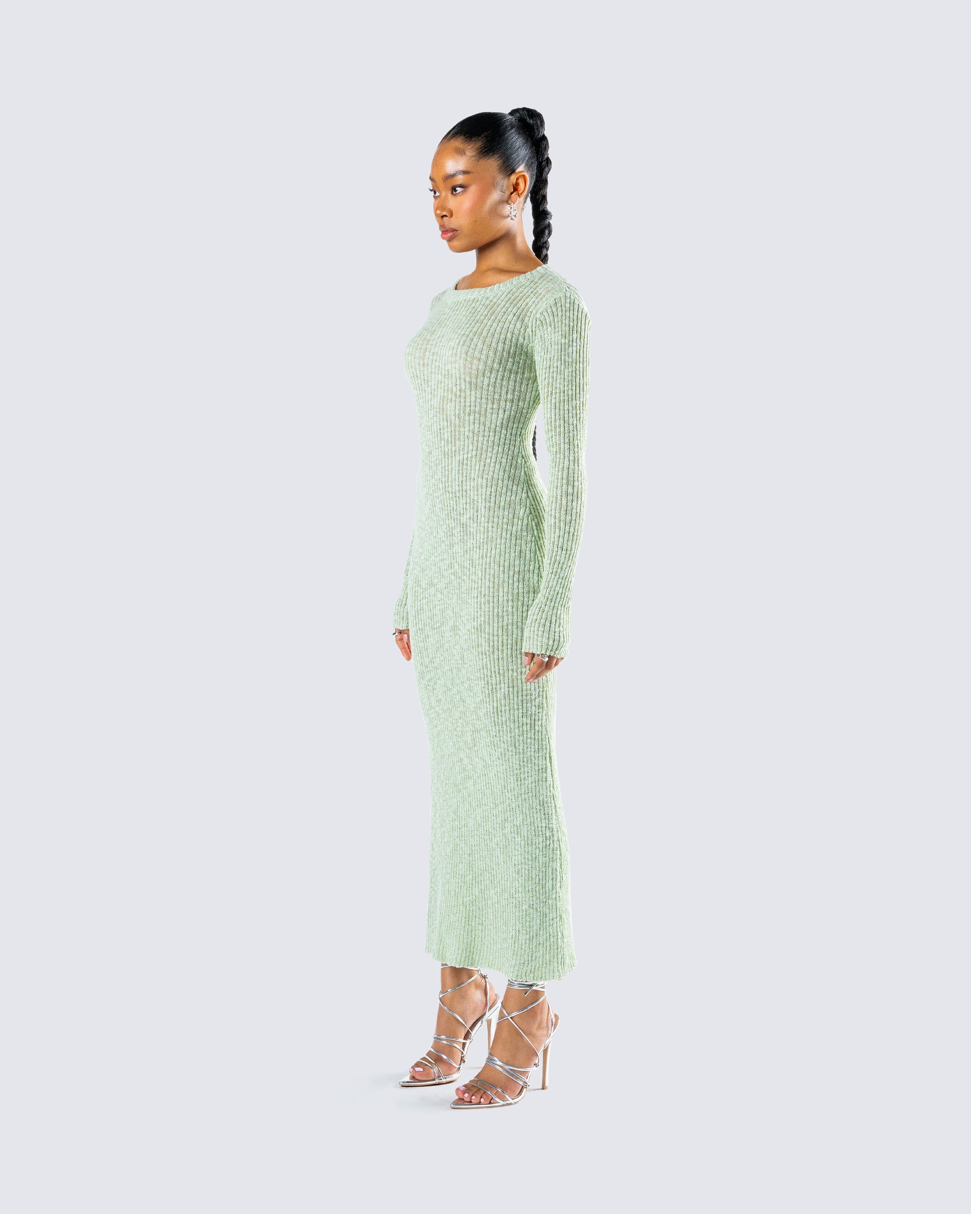 Green Ribbed Midi Dress - Long Sleeve Bodycon Knit FINESSE Green Ribbed Midi Dress - Long Sleeve Bodycon Knit FINESSE